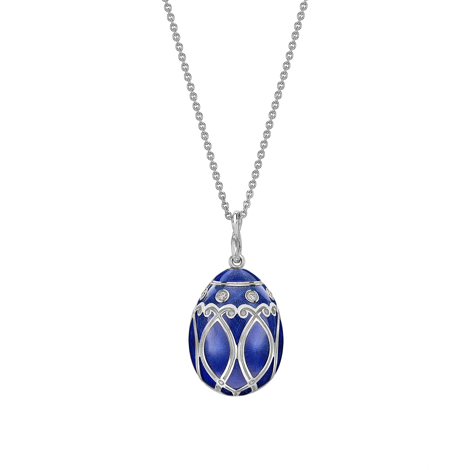 White Gold Diamond & Royal Blue Guilloché Enamel Egg Pendant | Fabergé