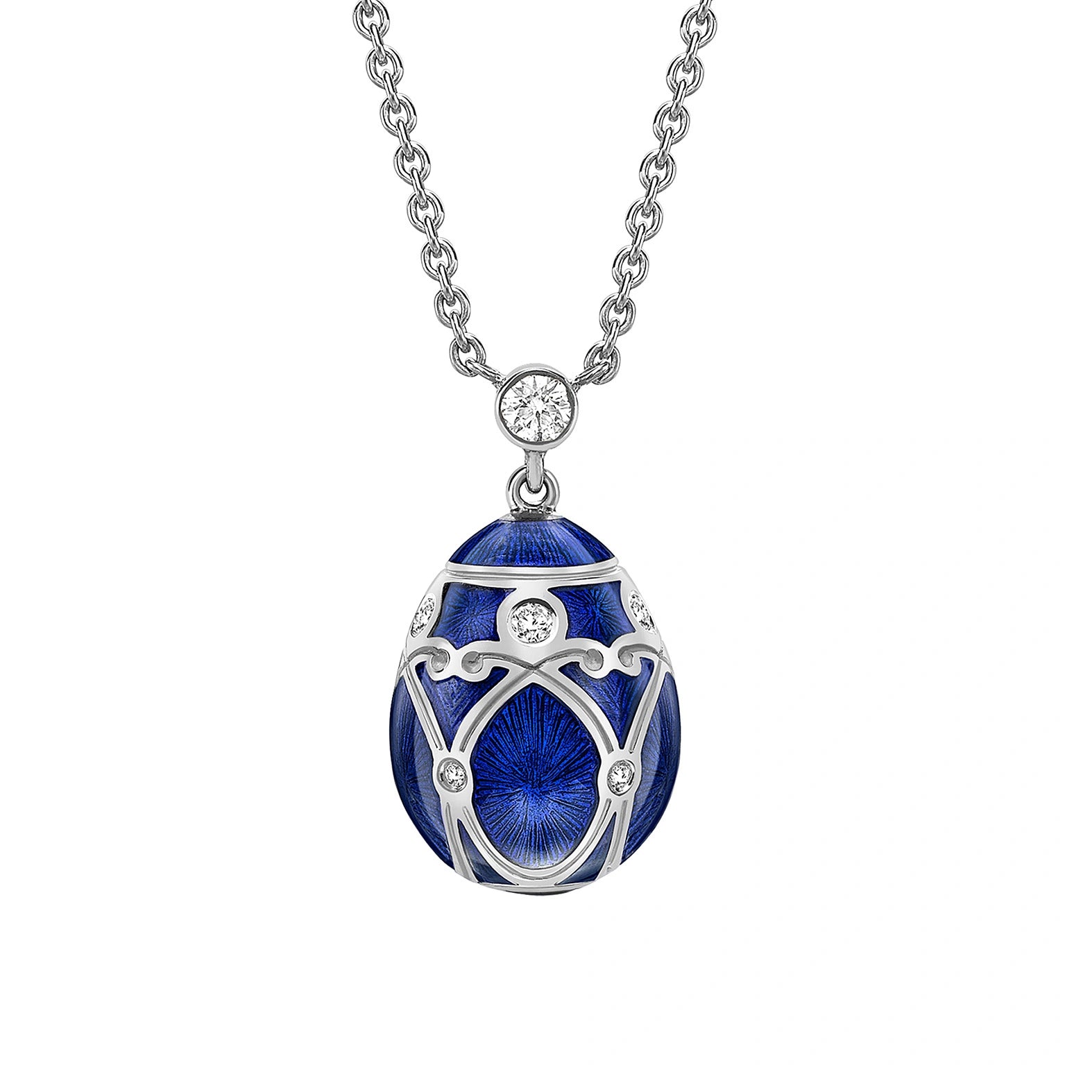 White Gold Diamond & Royal Blue Guilloché Enamel Petite Egg Pendant | Fabergé