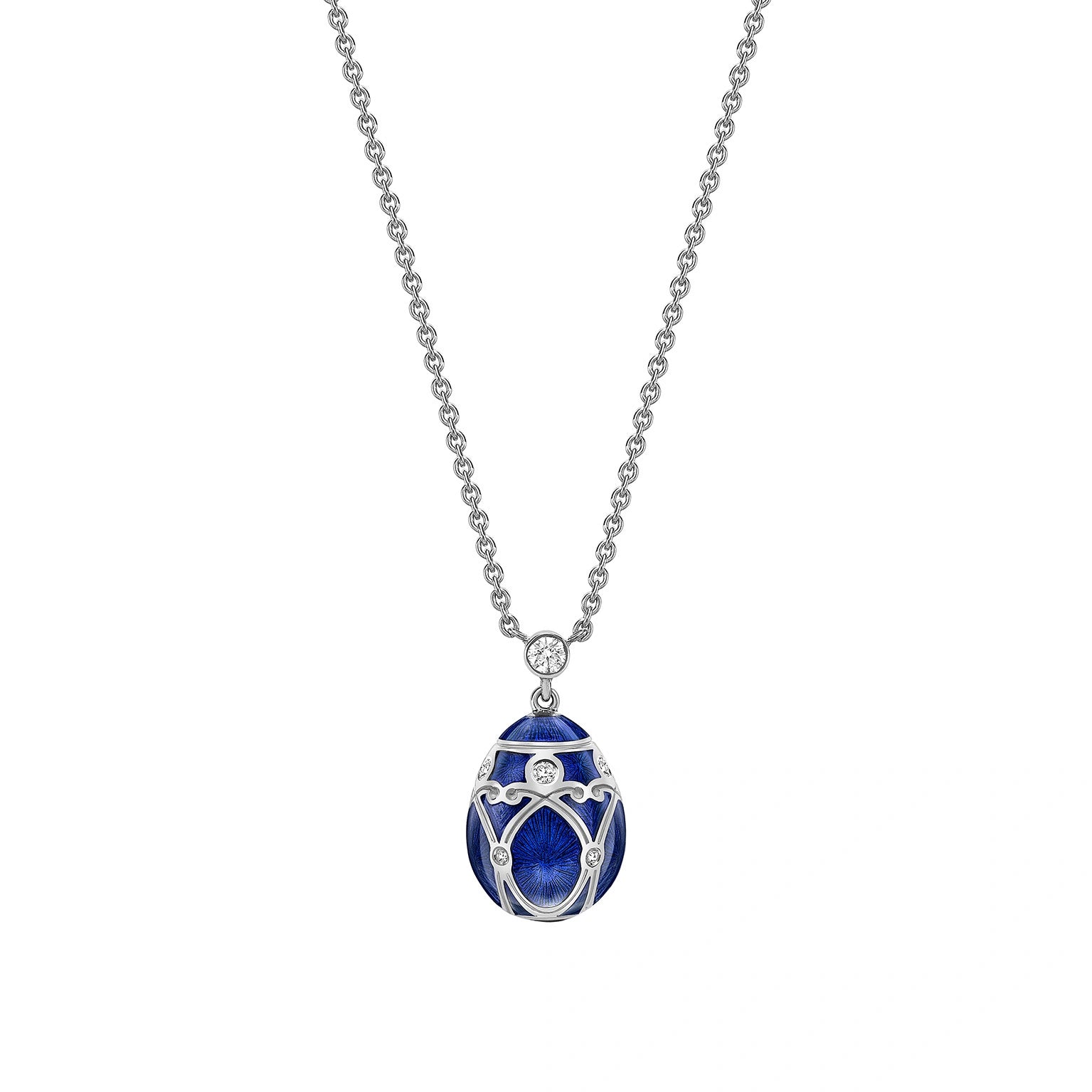 White Gold Diamond & Royal Blue Guilloché Enamel Petite Egg Pendant | Fabergé