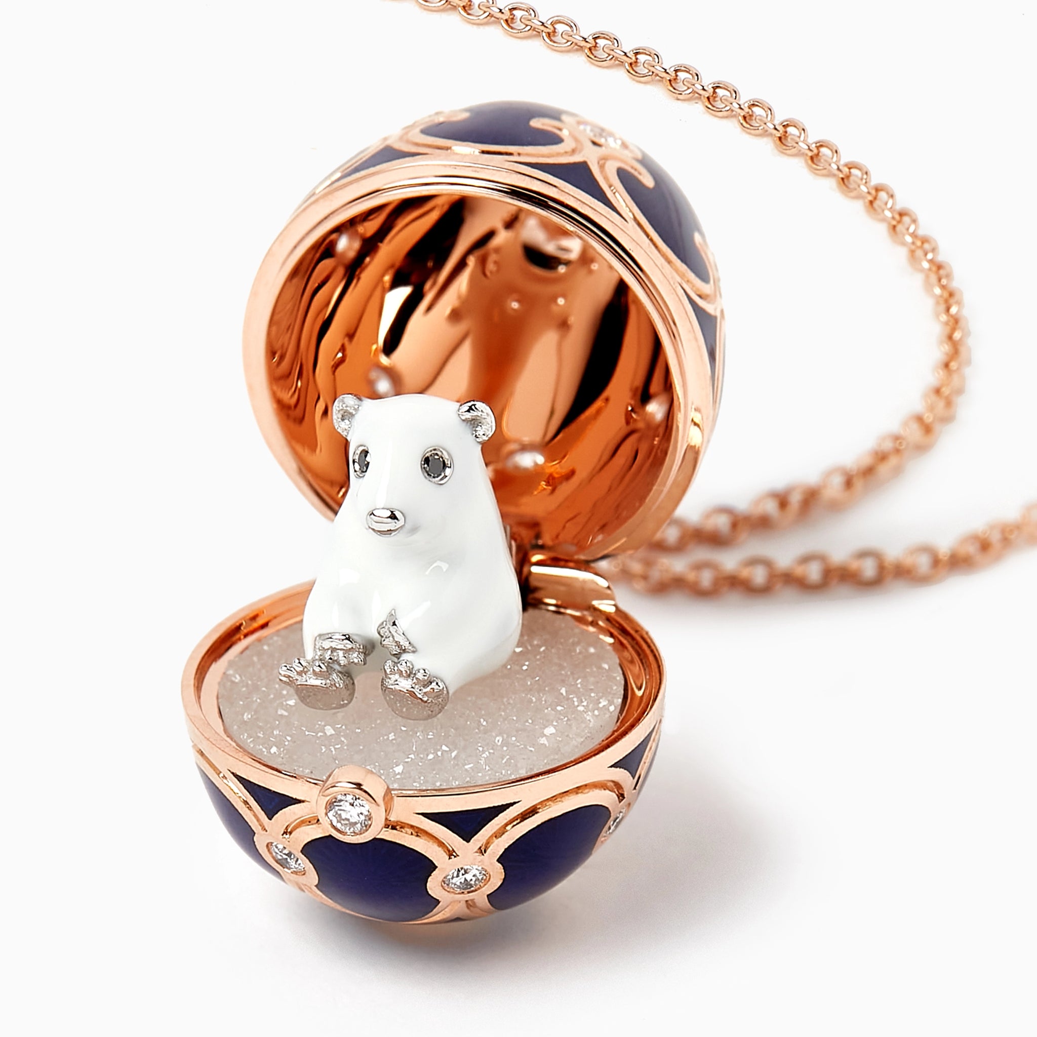 Rose Gold Dark Blue Guilloché Enamel Polar Bear Surprise Locket | Fabergé