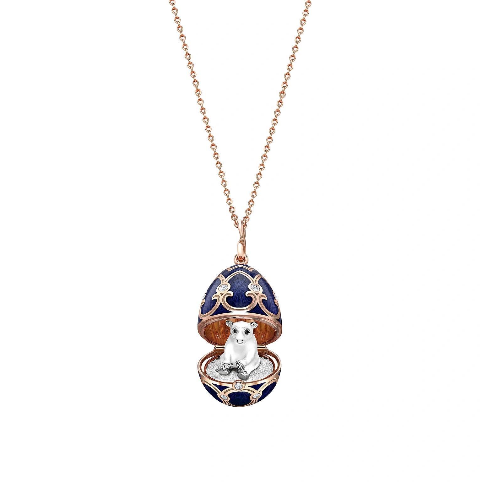Rose Gold Dark Blue Guilloché Enamel Polar Bear Surprise Locket | Fabergé
