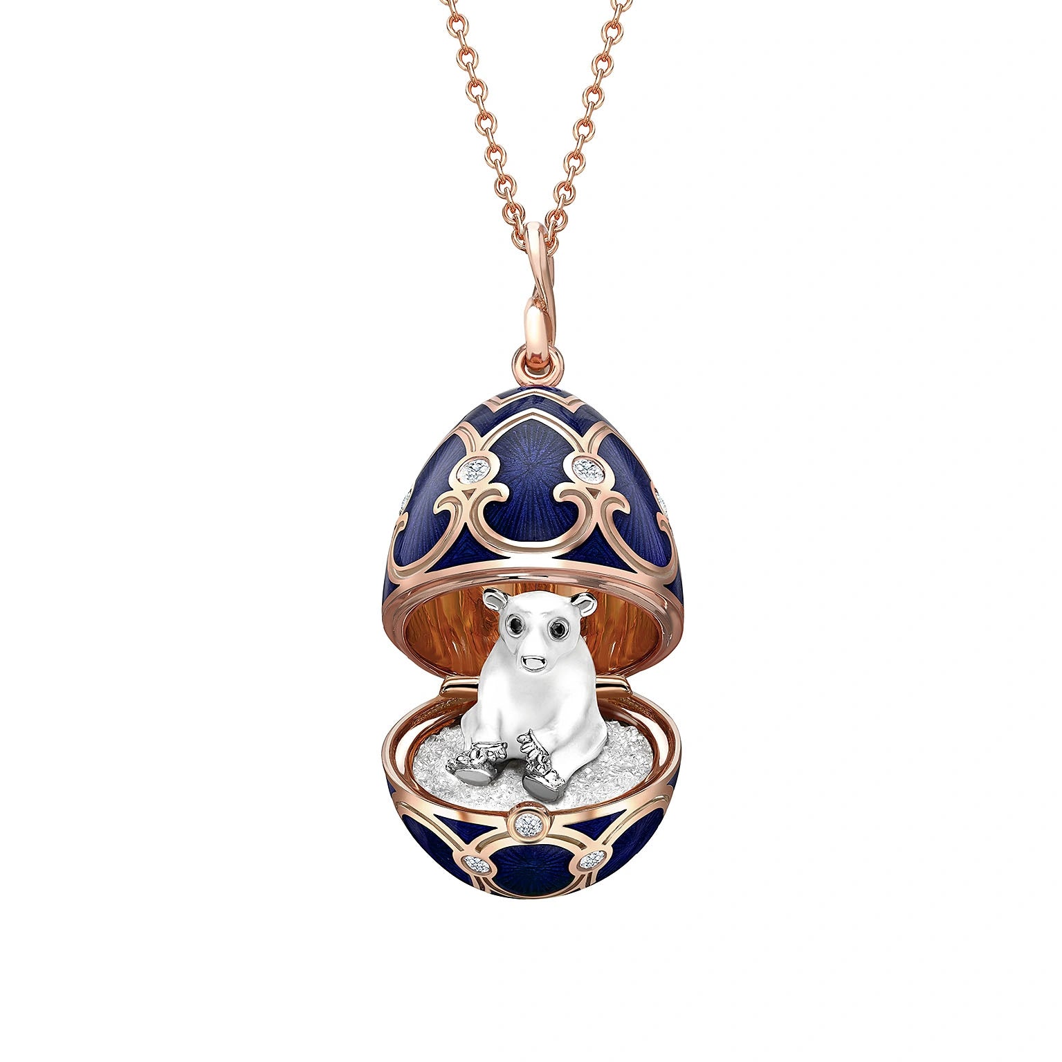 Rose Gold Dark Blue Guilloché Enamel Polar Bear Surprise Locket | Fabergé