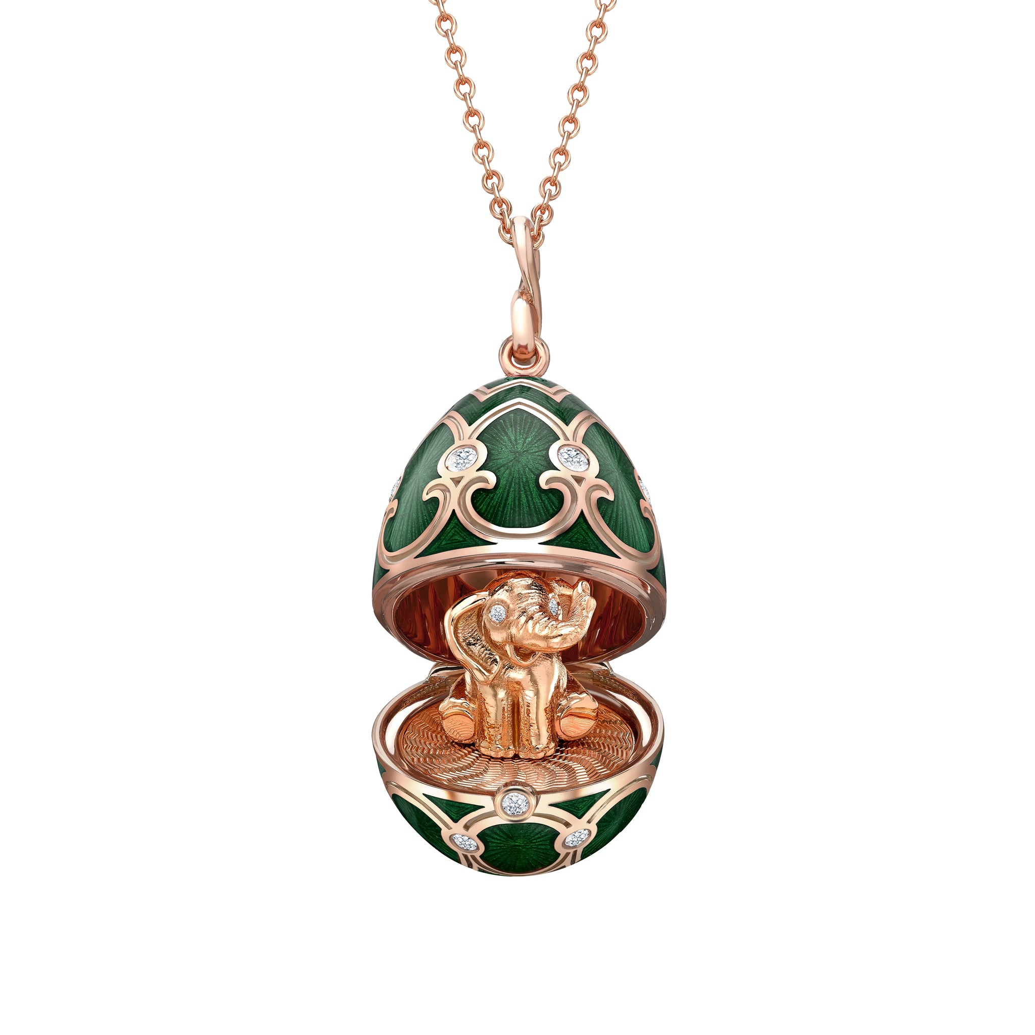 Rose Gold Diamond & Green Guilloché Enamel Elephant Surprise Locket | Fabergé