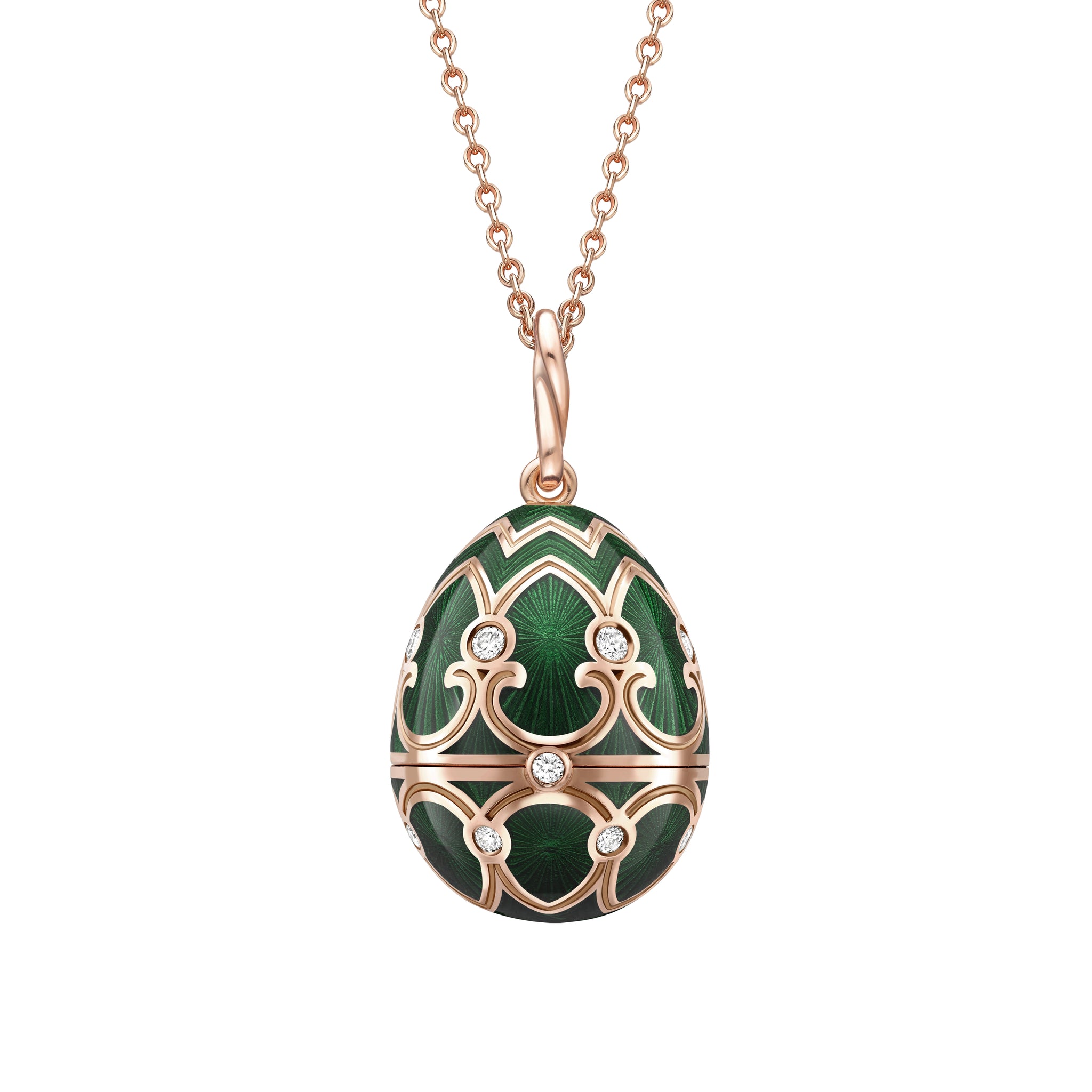 Rose Gold Diamond & Green Guilloché Enamel Elephant Surprise Locket | Fabergé