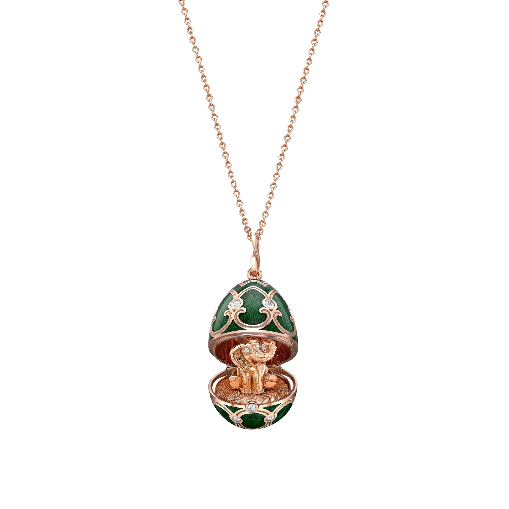 Rose Gold Diamond & Green Guilloché Enamel Elephant Surprise Locket | Fabergé