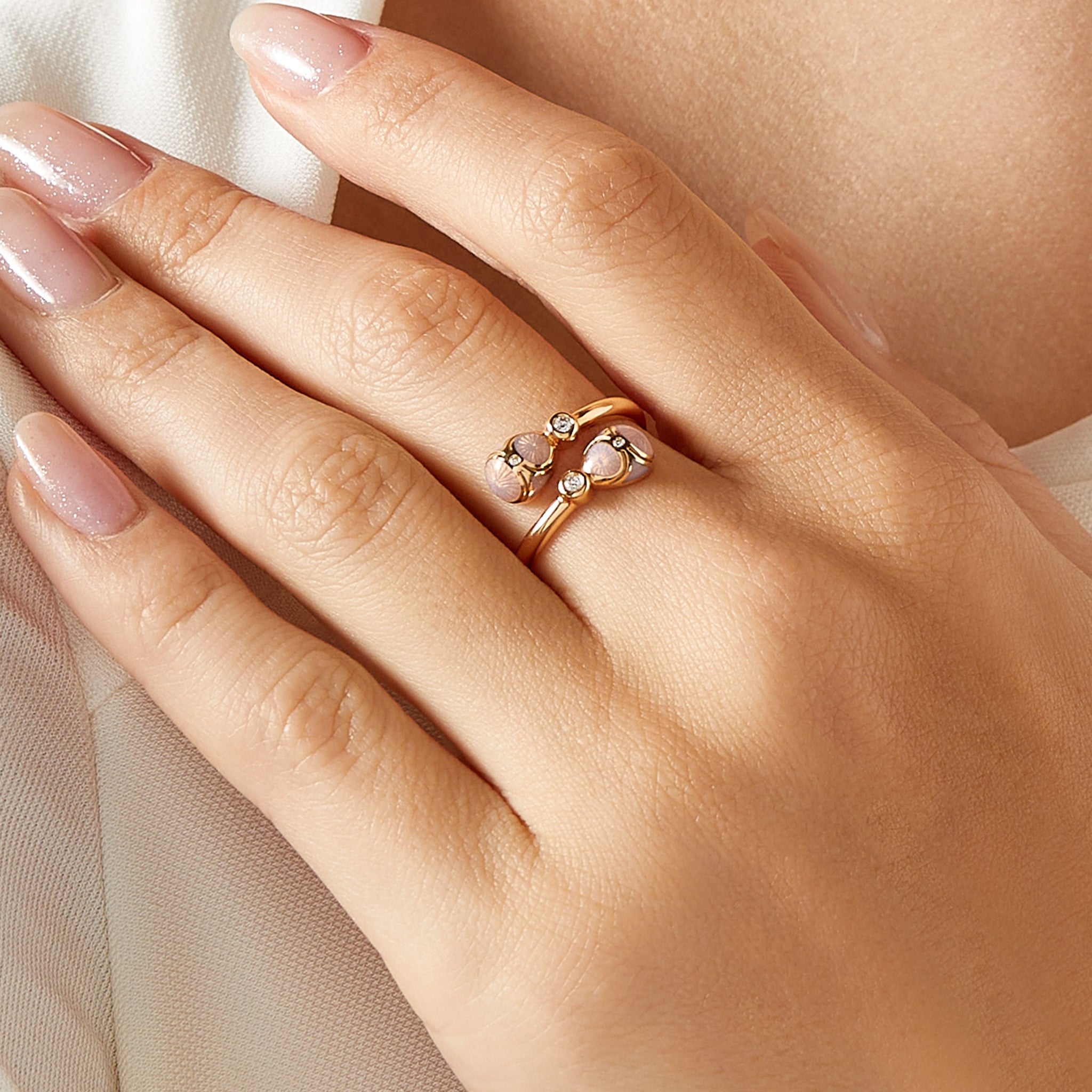 Rose Gold Diamond & Pink Guilloché Enamel Crossover Ring | Fabergé