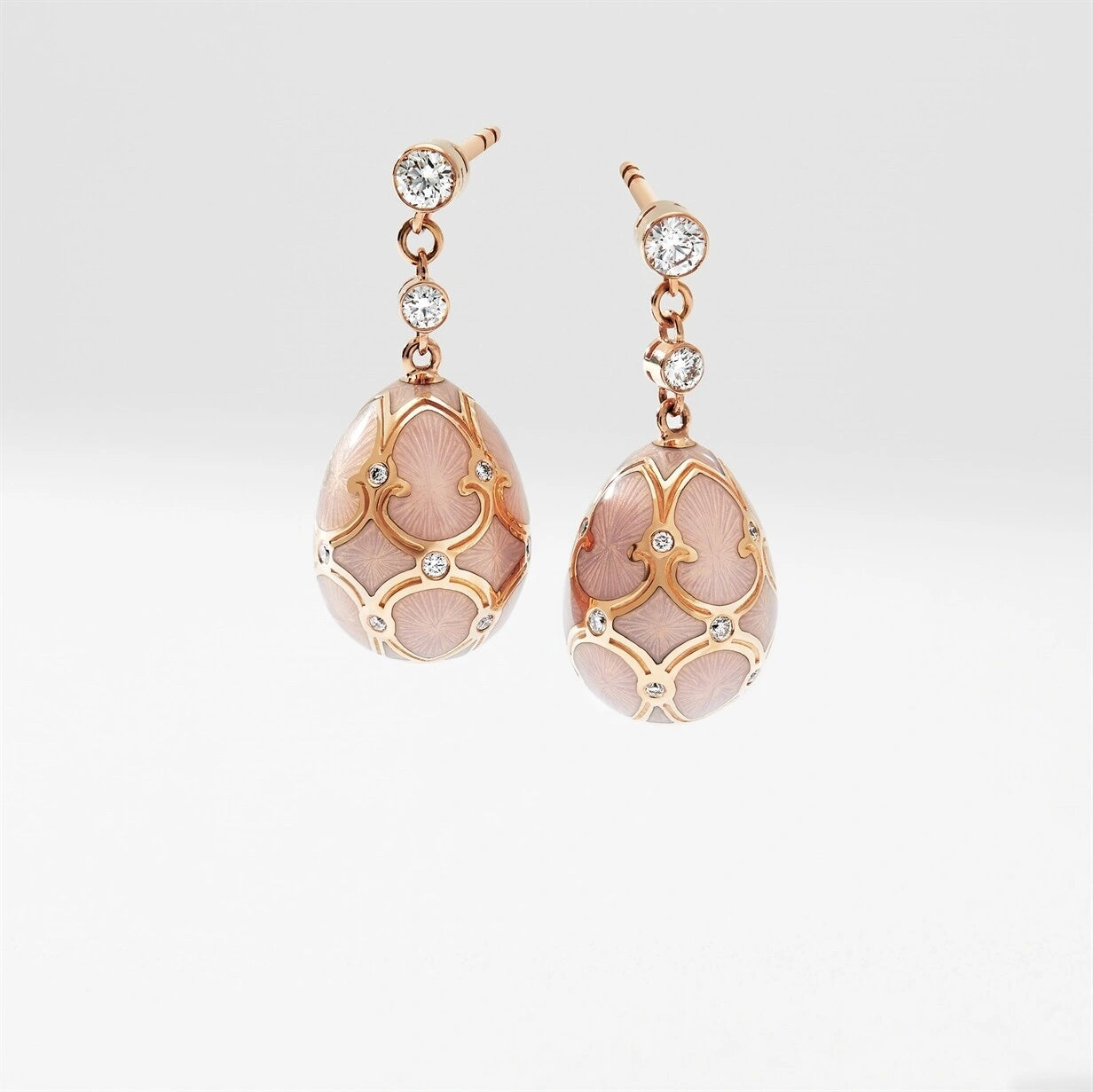 Rose Gold Diamond & Pink Guilloché Enamel Egg Drop Earrings | Fabergé