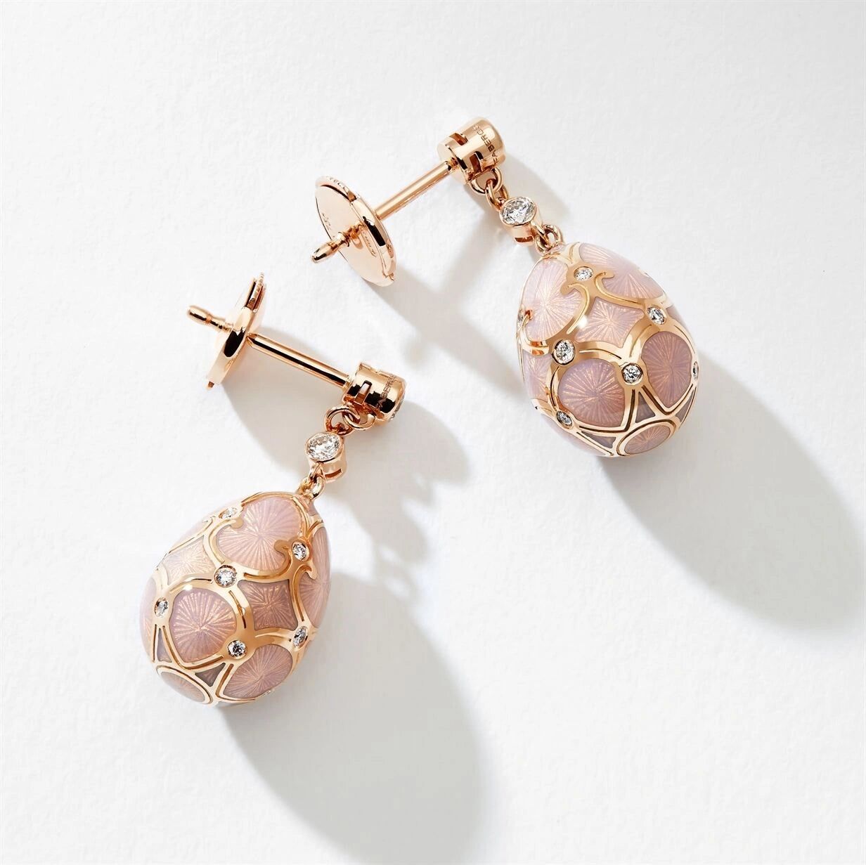Rose Gold Diamond & Pink Guilloché Enamel Egg Drop Earrings | Fabergé