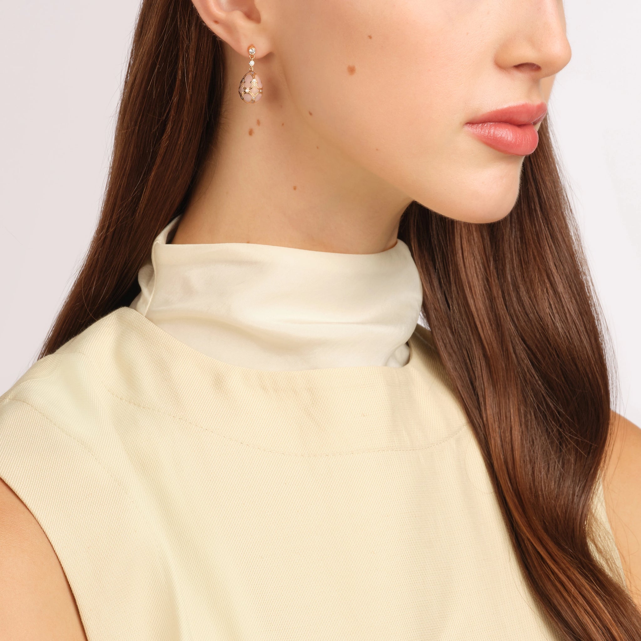 Rose Gold Diamond & Pink Guilloché Enamel Egg Drop Earrings | Fabergé