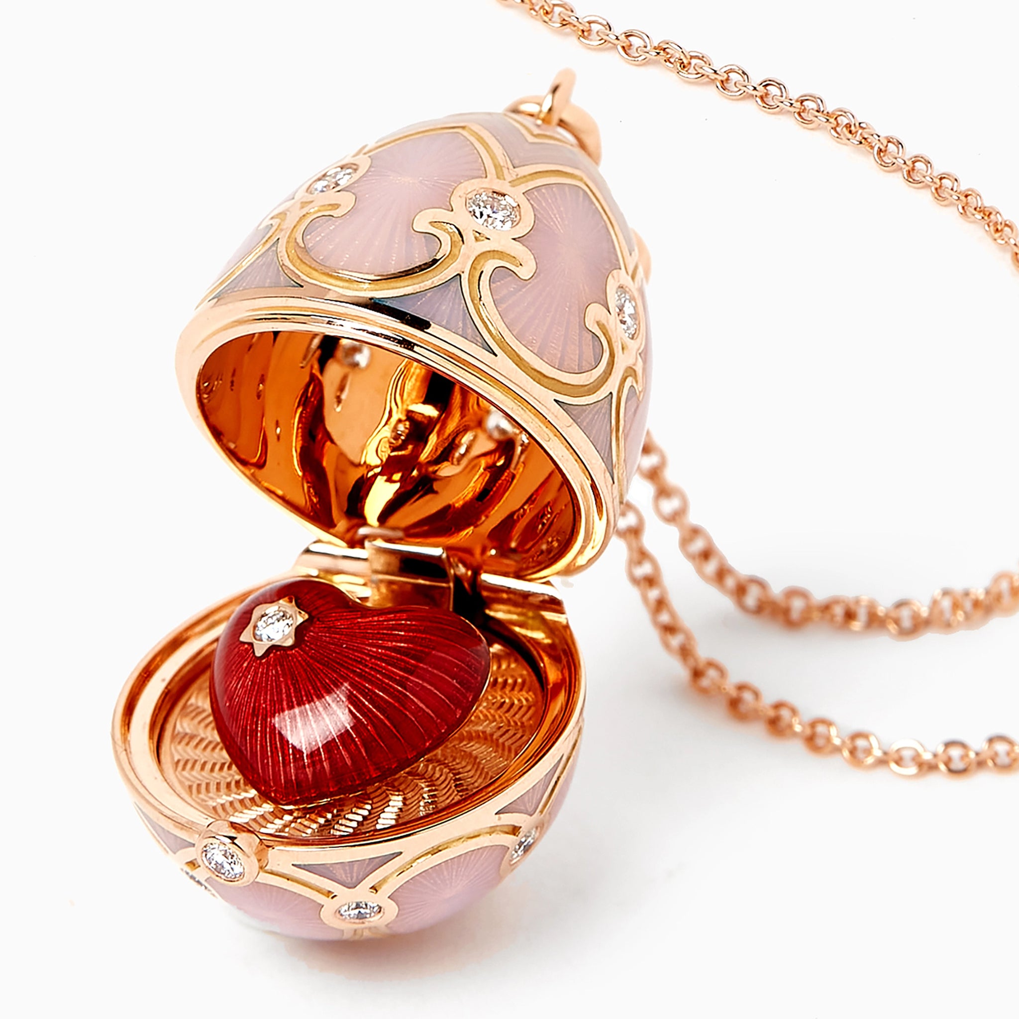 Rose Gold Diamond & Pink Guilloché Enamel Heart Surprise Locket | Fabergé