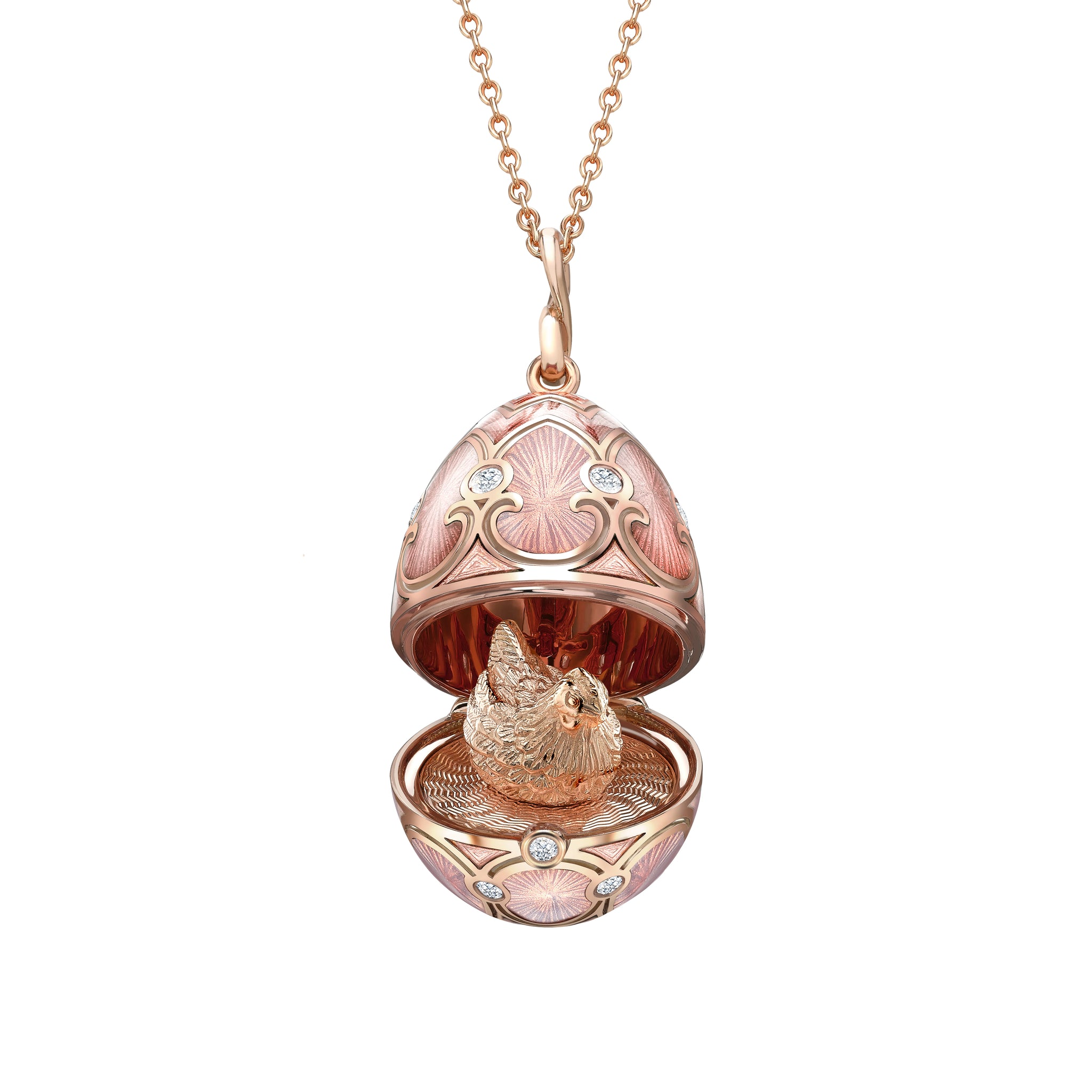 Rose Gold Diamond & Pink Guilloché Enamel Hen Surprise Locket | Fabergé