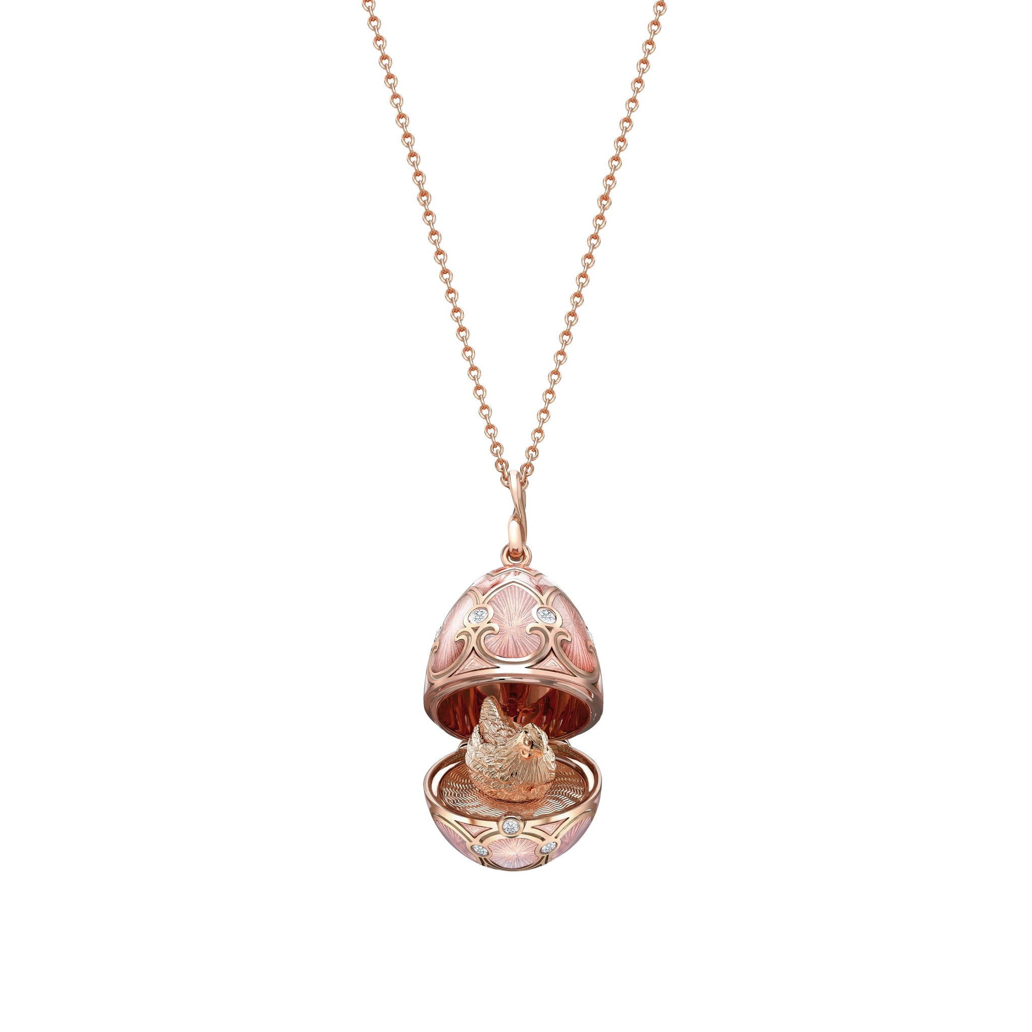 Rose Gold Diamond & Pink Guilloché Enamel Hen Surprise Locket | Fabergé