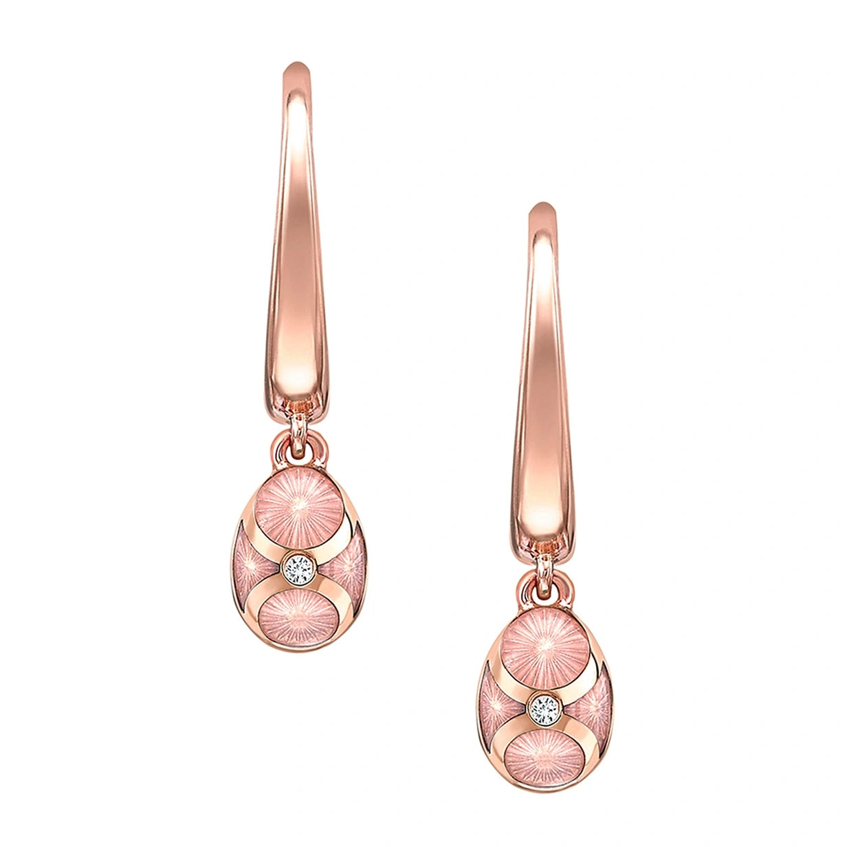 Rose Gold Diamond & Pink Guilloché Enamel Hoop Drop Earrings | Fabergé