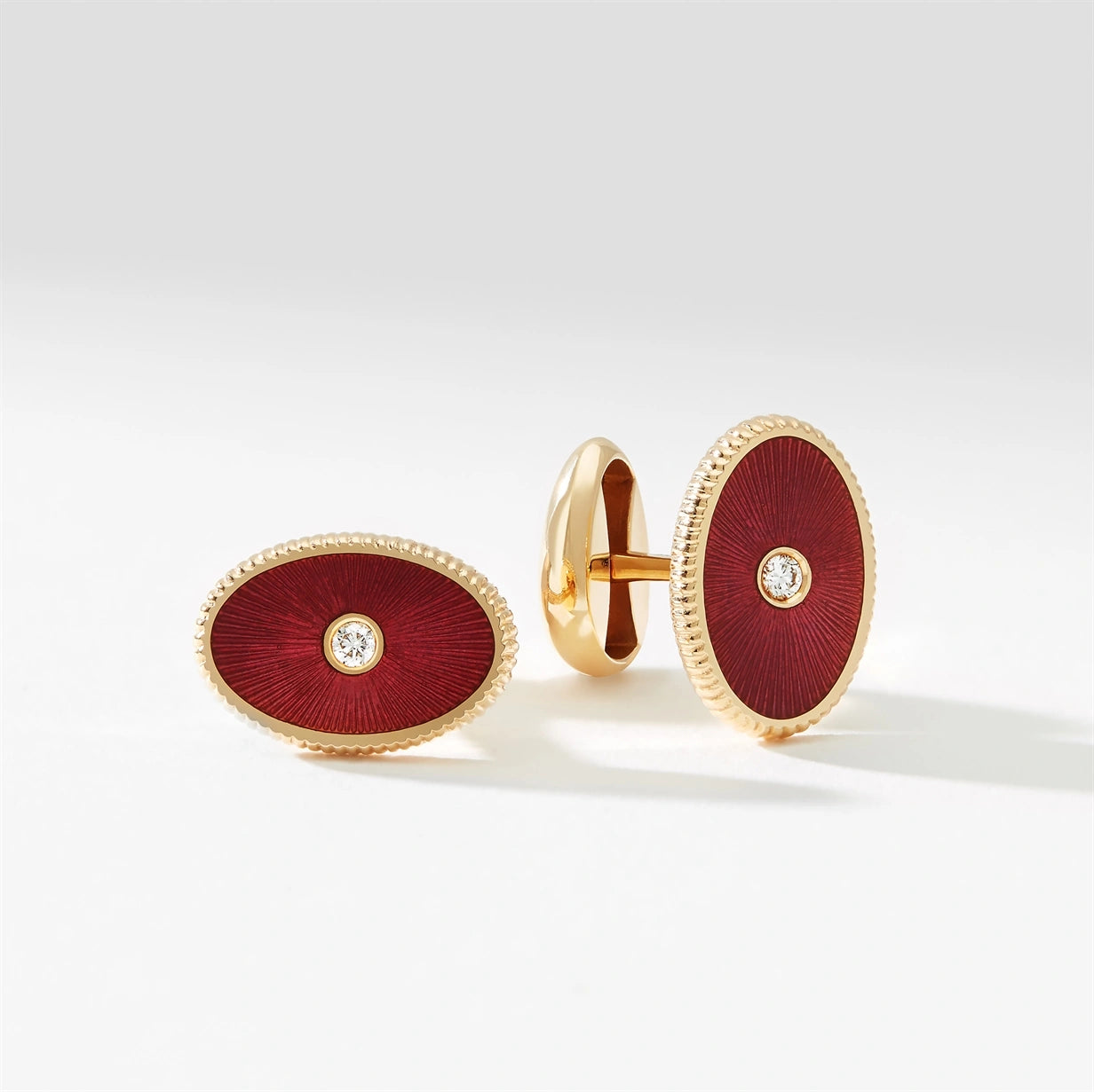 Rose Gold Diamond & Red Guilloché Enamel Oval Cufflinks | Fabergé