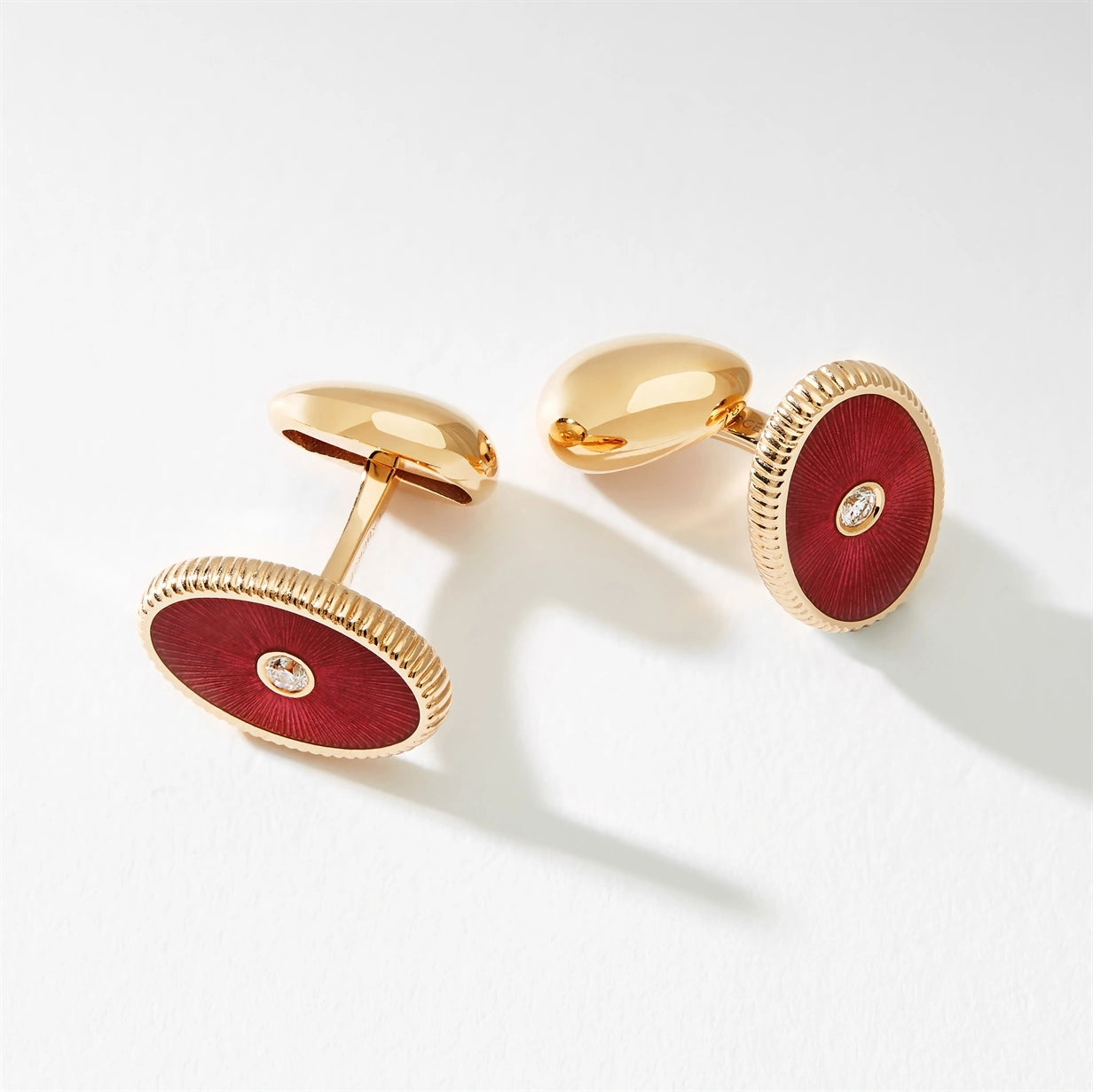 Rose Gold Diamond & Red Guilloché Enamel Oval Cufflinks | Fabergé