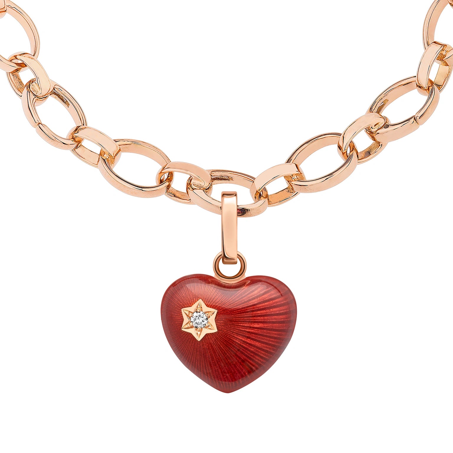 Rose Gold Red Guilloché Enamel and Diamond Heart Charm | Fabergé