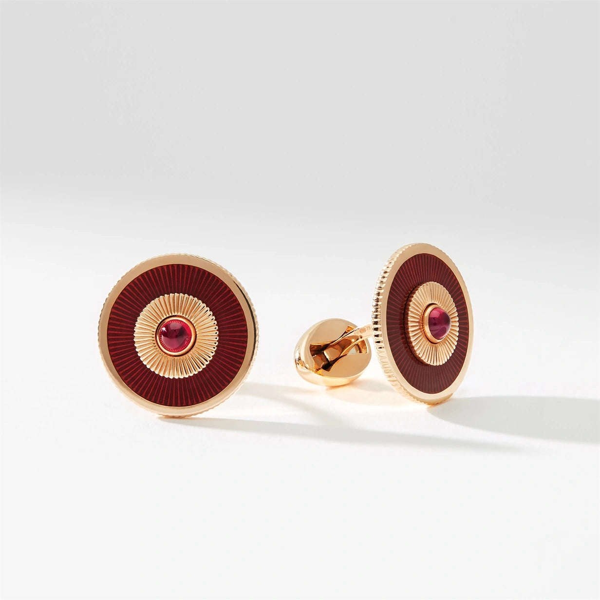 Heritage Rose Gold Ruby & Red Guilloché Enamel Round Cufflinks | Fabergé