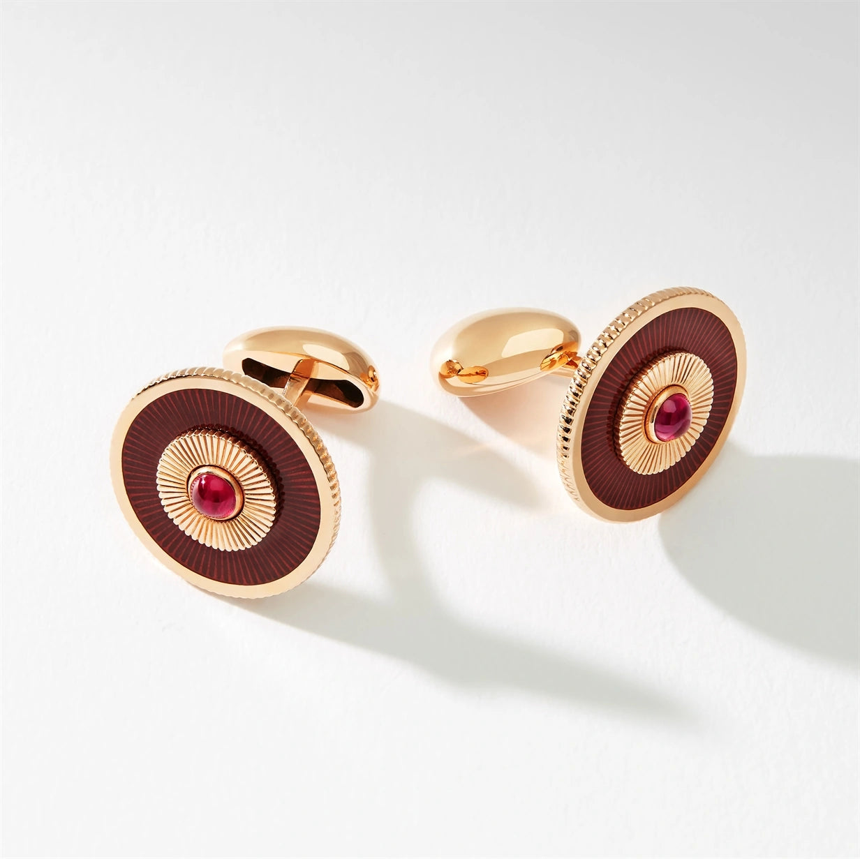 Heritage Rose Gold Ruby & Red Guilloché Enamel Round Cufflinks | Fabergé