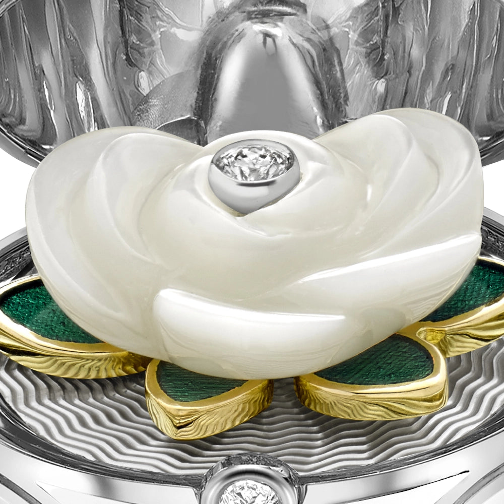 White and Yellow Gold Diamond and White Enamel Carved Mother of Pearl Rose Surprise Locket | Fabergé