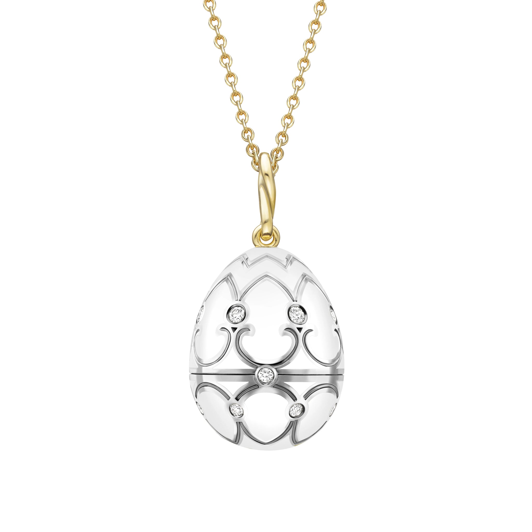 White and Yellow Gold Diamond and White Enamel Carved Mother of Pearl Rose Surprise Locket | Fabergé
