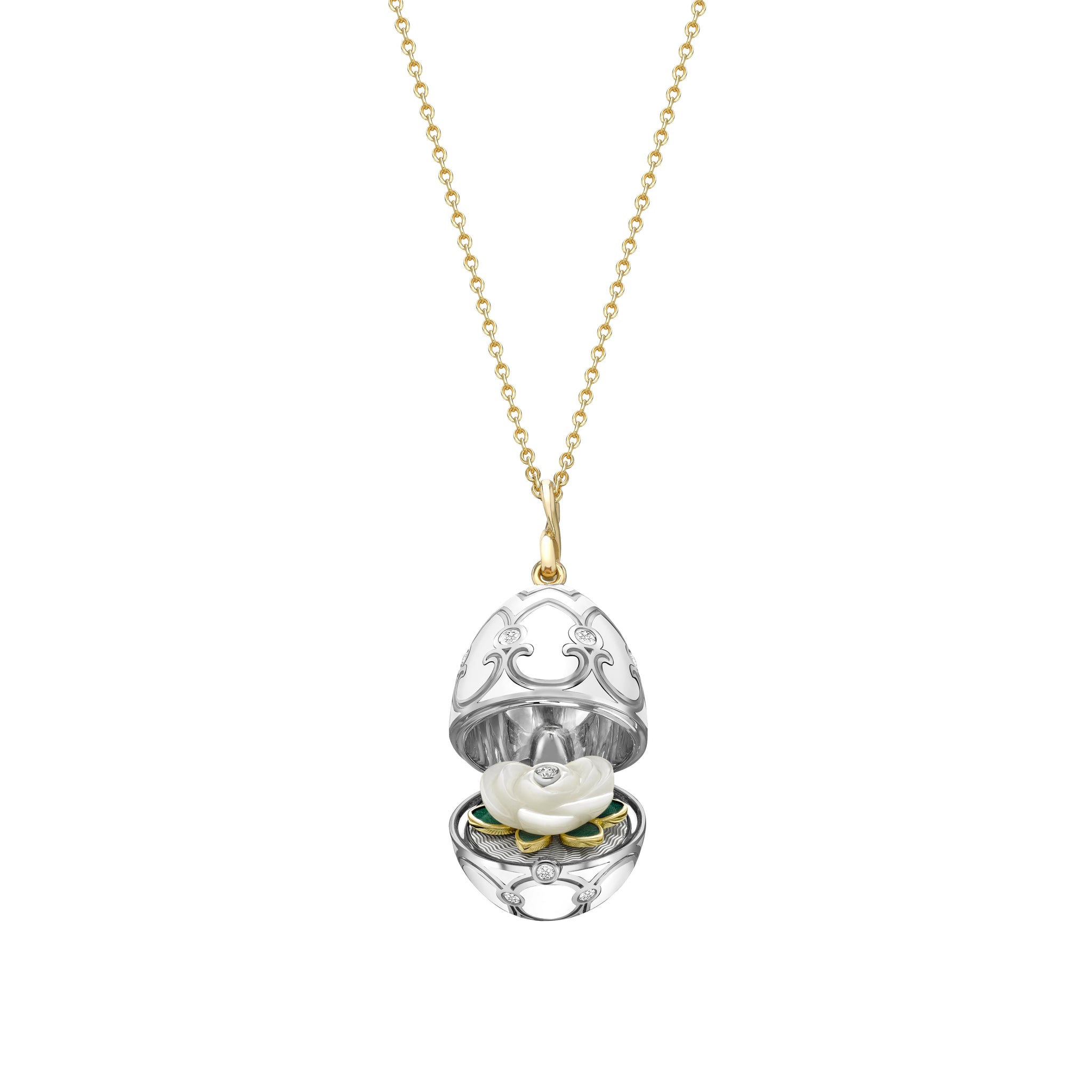 White and Yellow Gold Diamond and White Enamel Carved Mother of Pearl Rose Surprise Locket | Fabergé