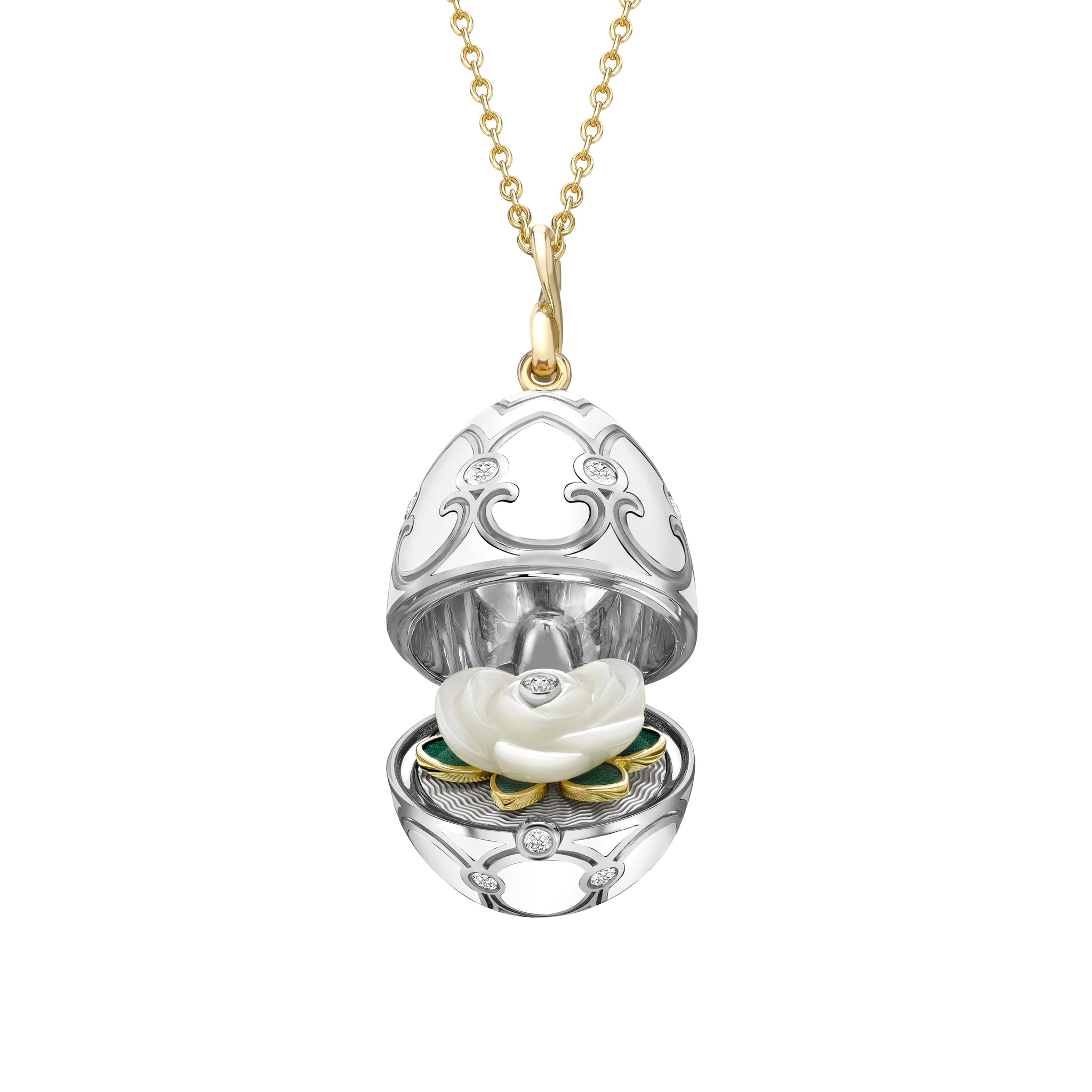 White and Yellow Gold Diamond and White Enamel Carved Mother of Pearl Rose Surprise Locket | Fabergé