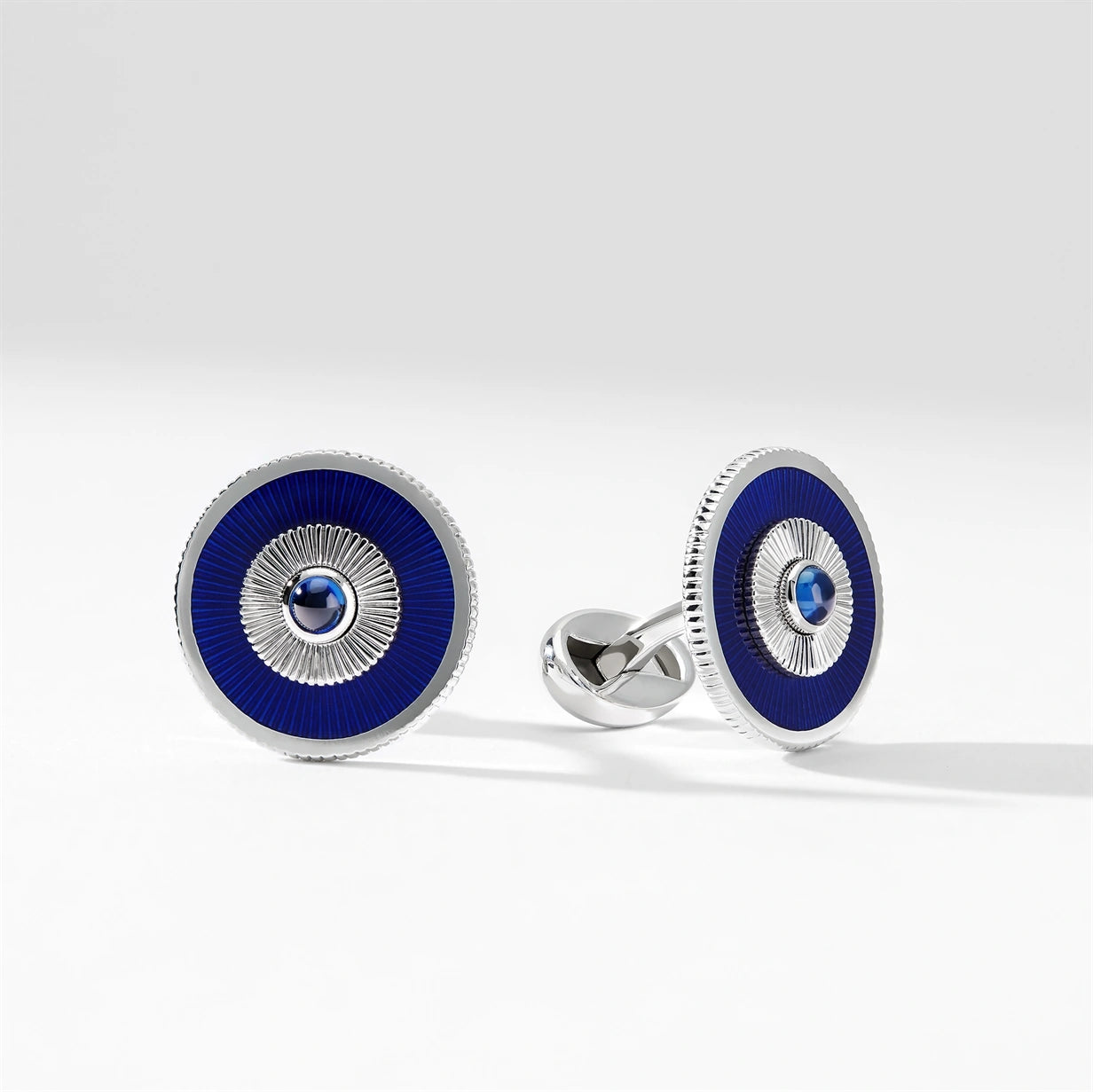 Heritage White Gold Blue Sapphire & Blue Guilloché Enamel Round Cufflinks | Fabergé