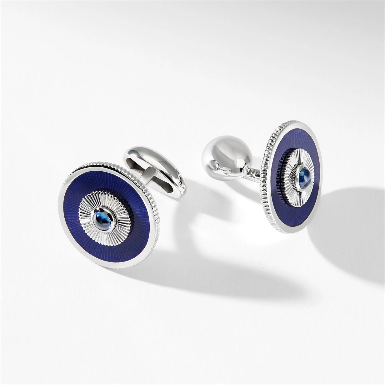Heritage White Gold Blue Sapphire & Blue Guilloché Enamel Round Cufflinks | Fabergé