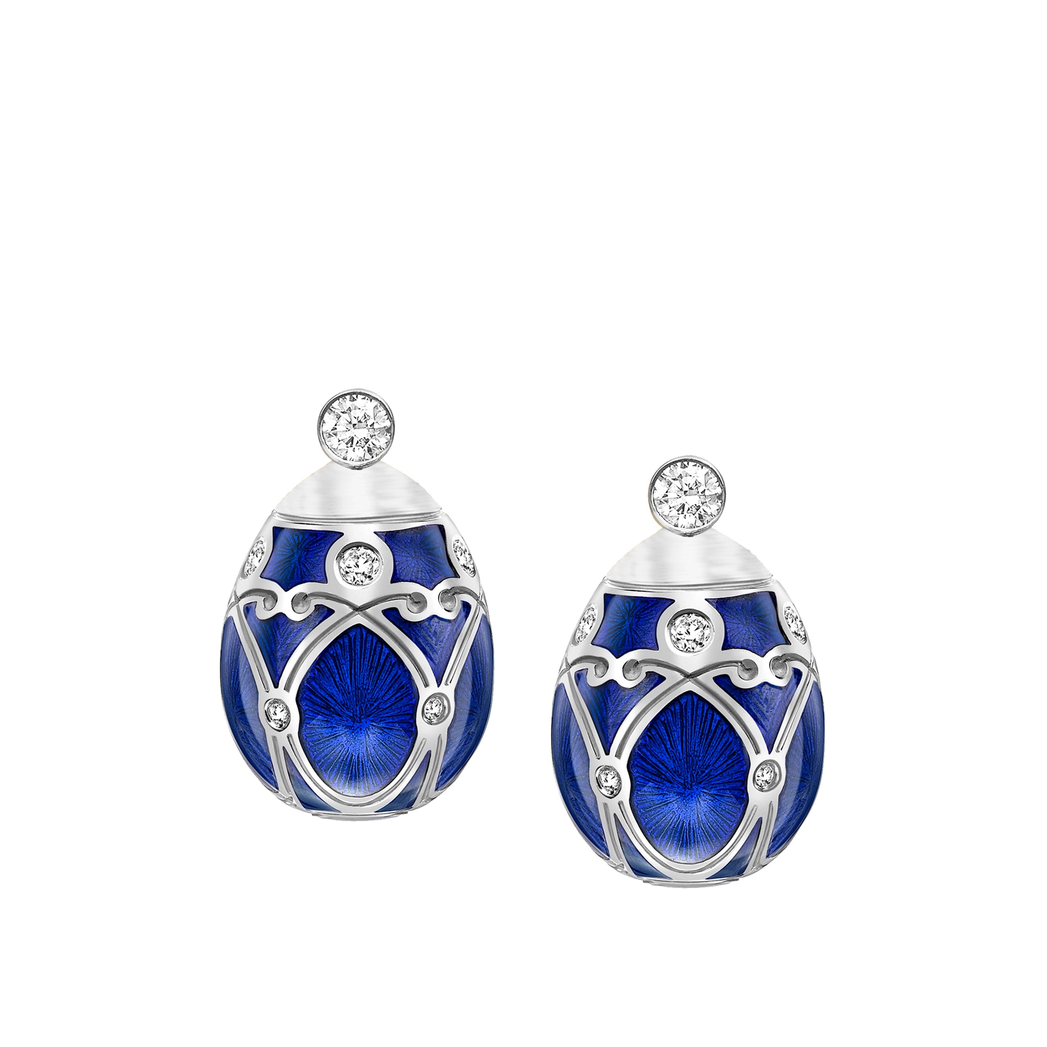 White Gold Diamond and Royal Blue Guilloché Enamel Earstuds | Fabergé