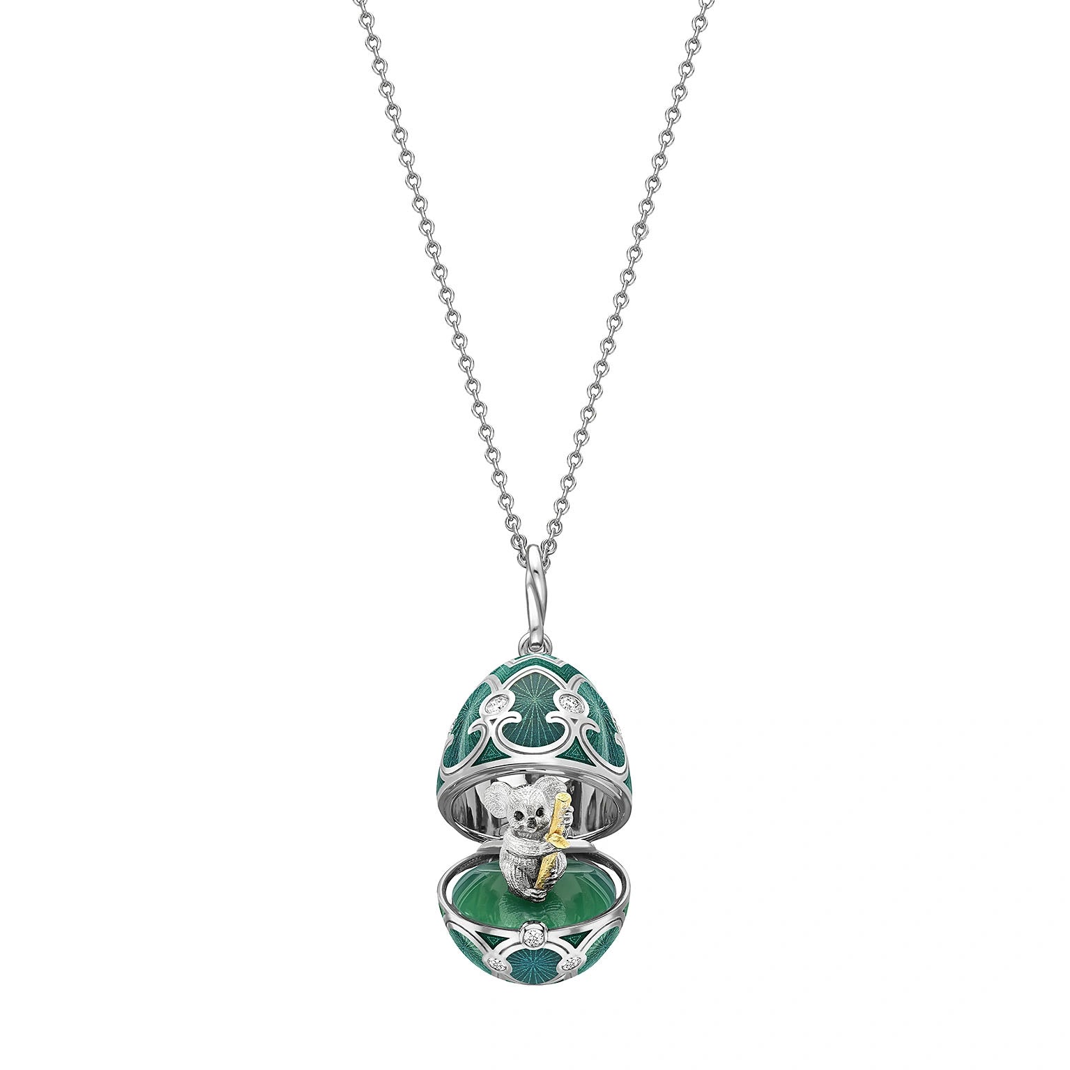 Heritage White Gold Diamond & Green Guilloché Enamel Koala Surprise Locket