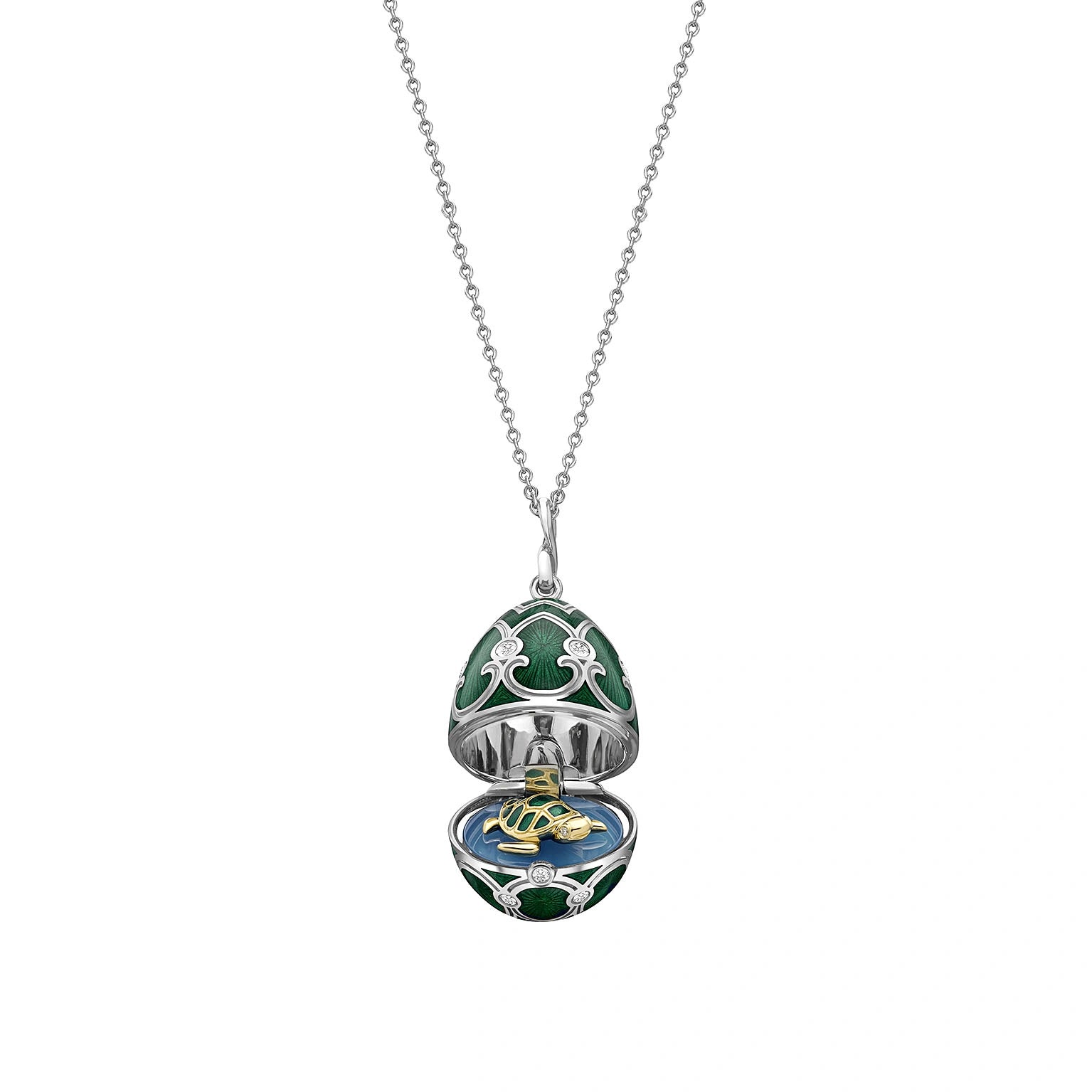 White Gold Diamond & Green Guilloché Enamel Turtle Surprise Locket | Fabergé