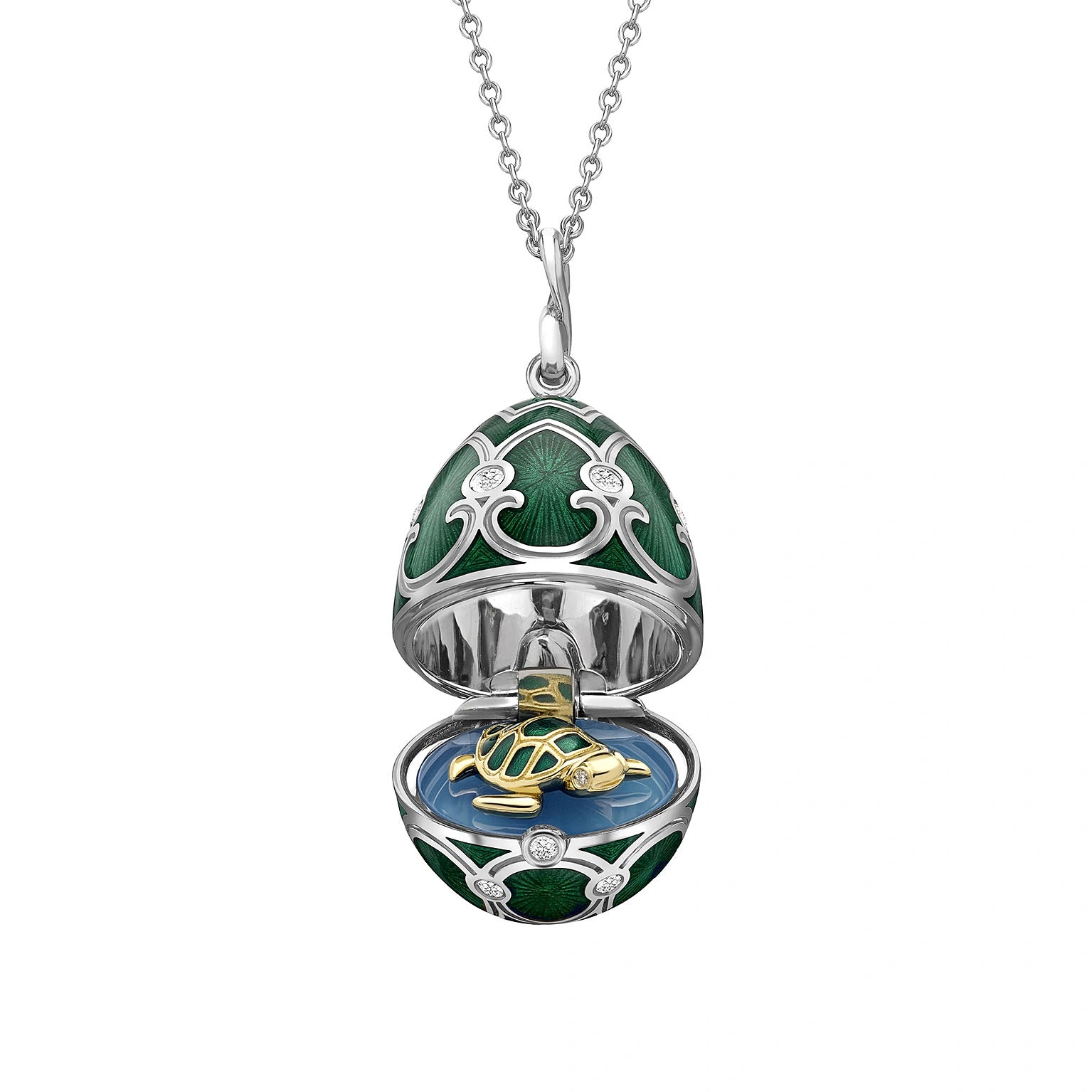 White Gold Diamond & Green Guilloché Enamel Turtle Surprise Locket | Fabergé