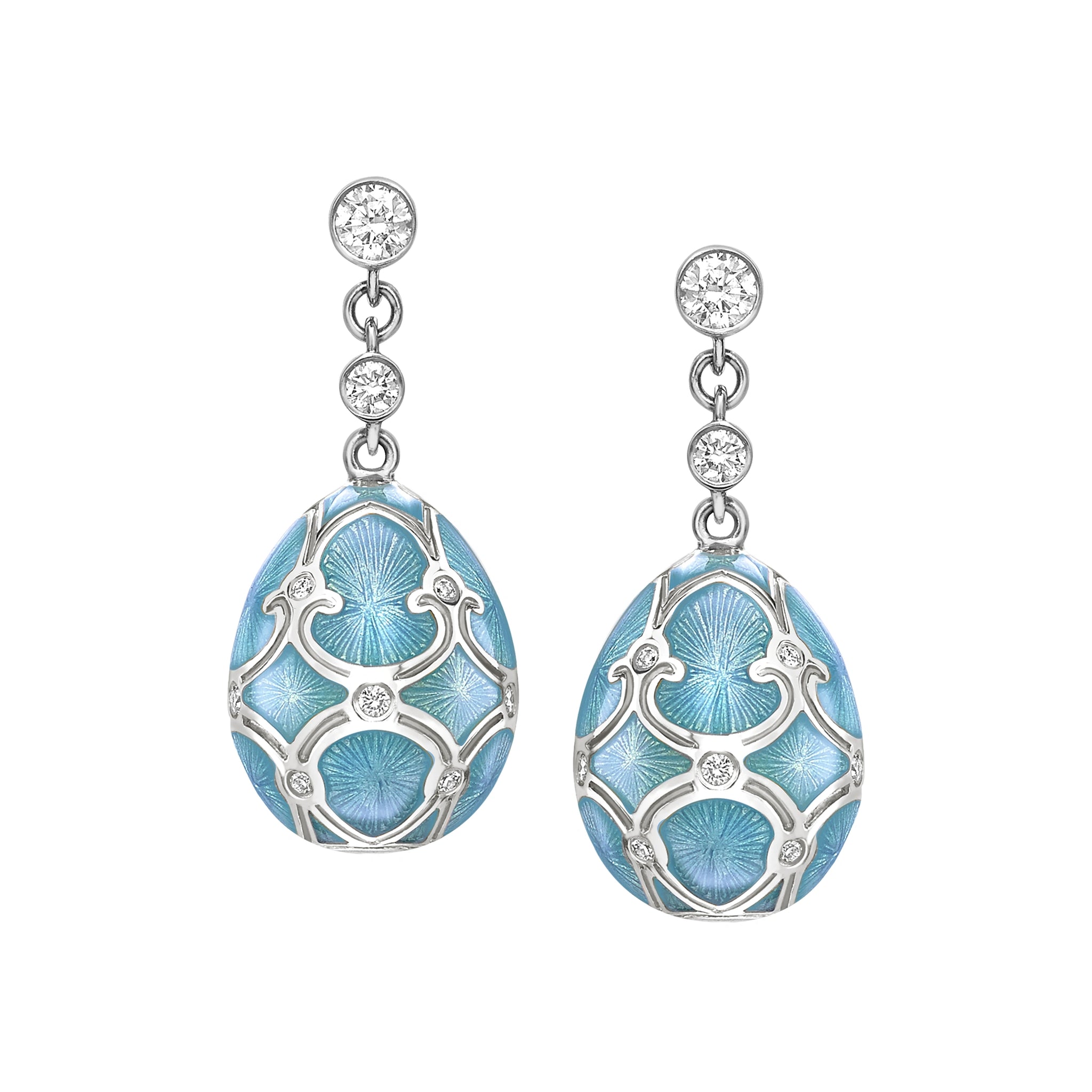 White Gold Diamond & Teal Guilloché Enamel Egg Drop Earrings | Fabergé