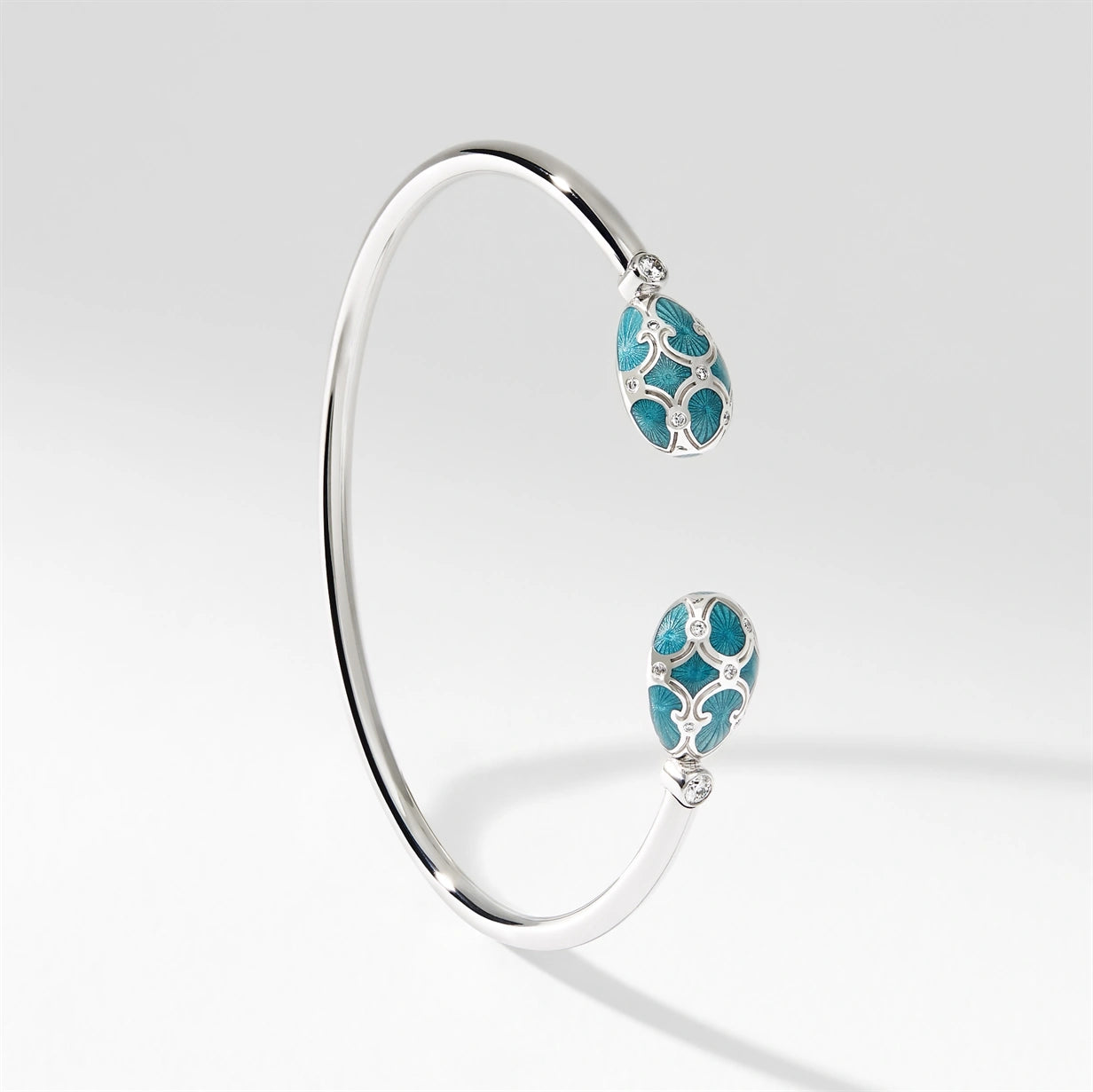 White Gold Diamond & Teal Guilloché Enamel Open Bracelet | Fabergé