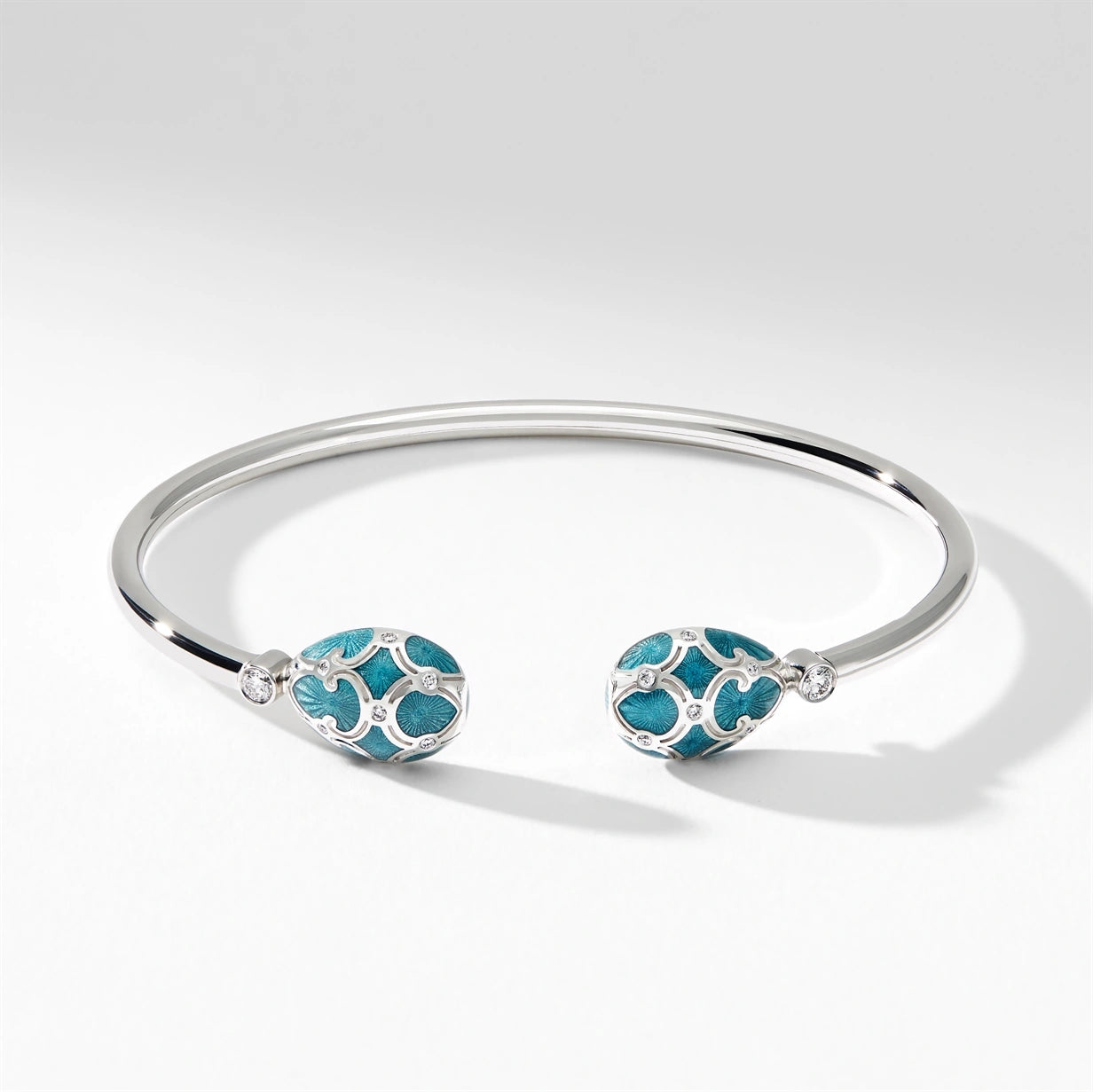 White Gold Diamond & Teal Guilloché Enamel Open Bracelet | Fabergé