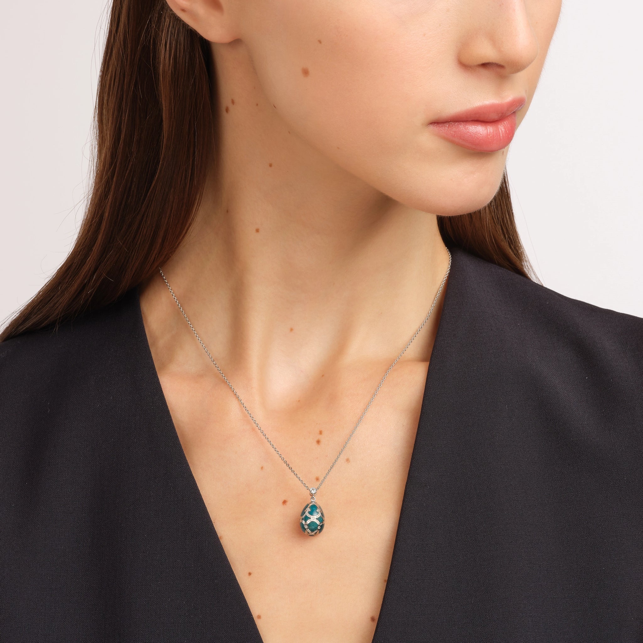 White Gold Diamond & Teal Guilloché Enamel Petite Egg Pendant | Fabergé