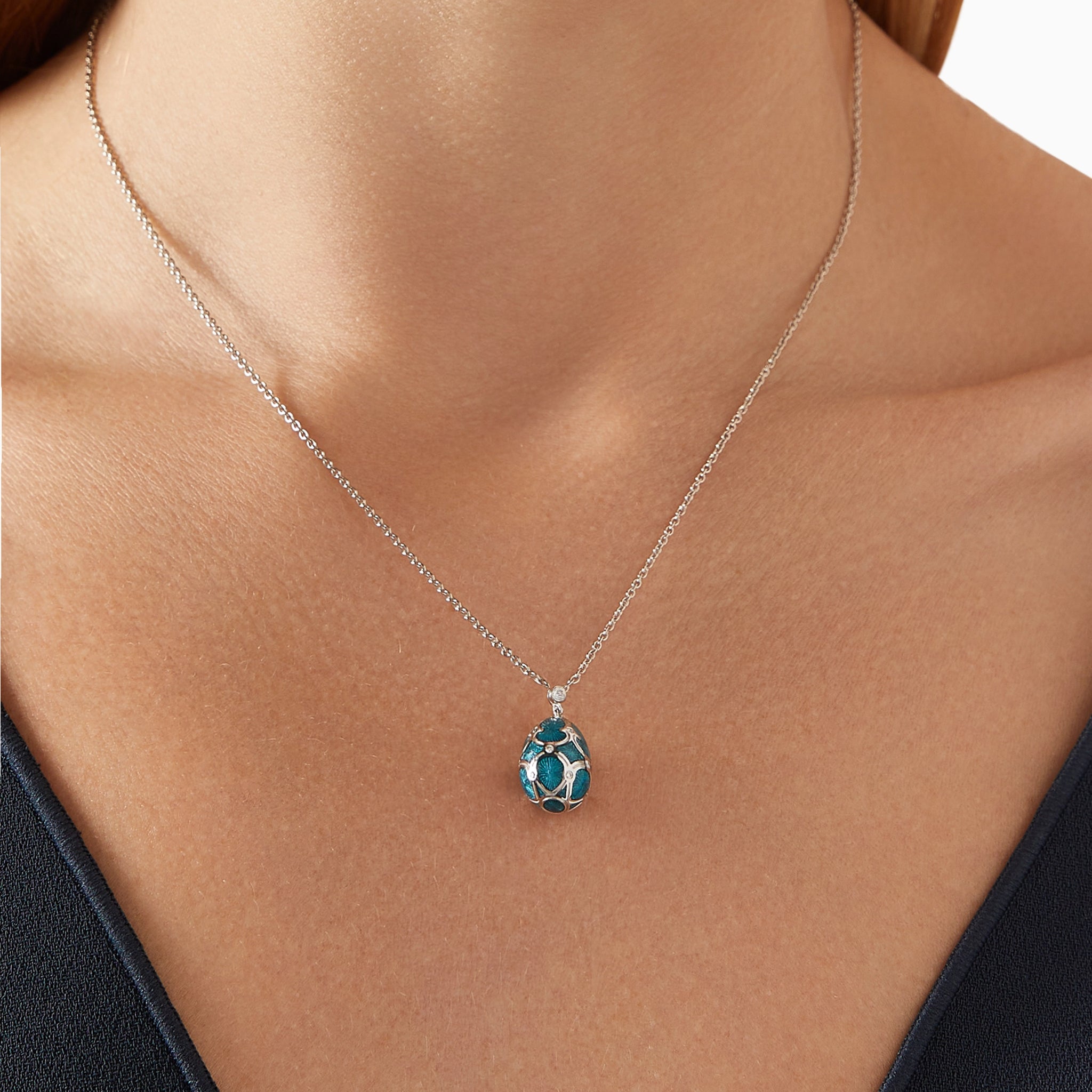 White Gold Diamond & Teal Guilloché Enamel Petite Egg Pendant | Fabergé