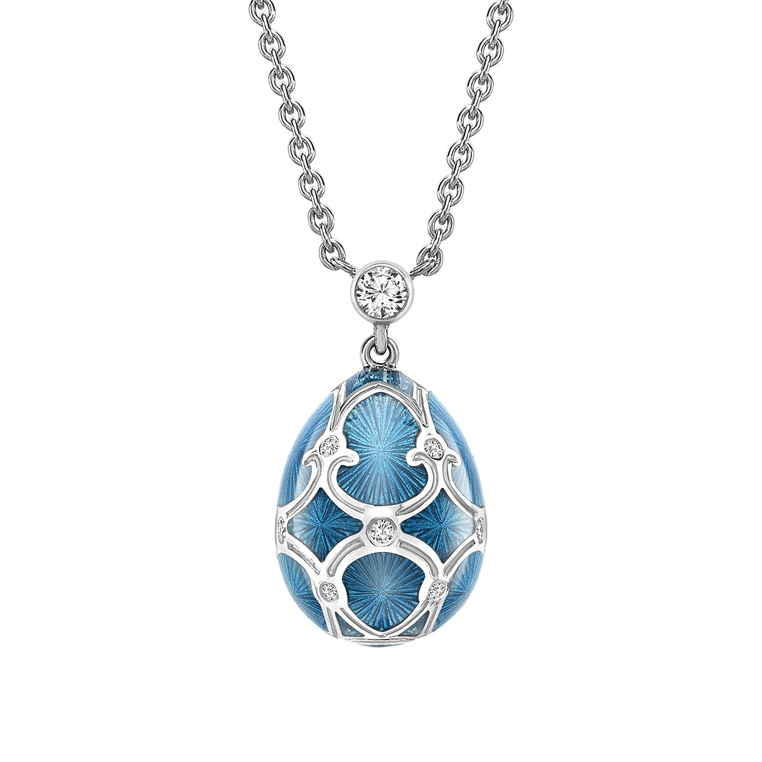 White Gold Diamond & Teal Guilloché Enamel Petite Egg Pendant | Fabergé
