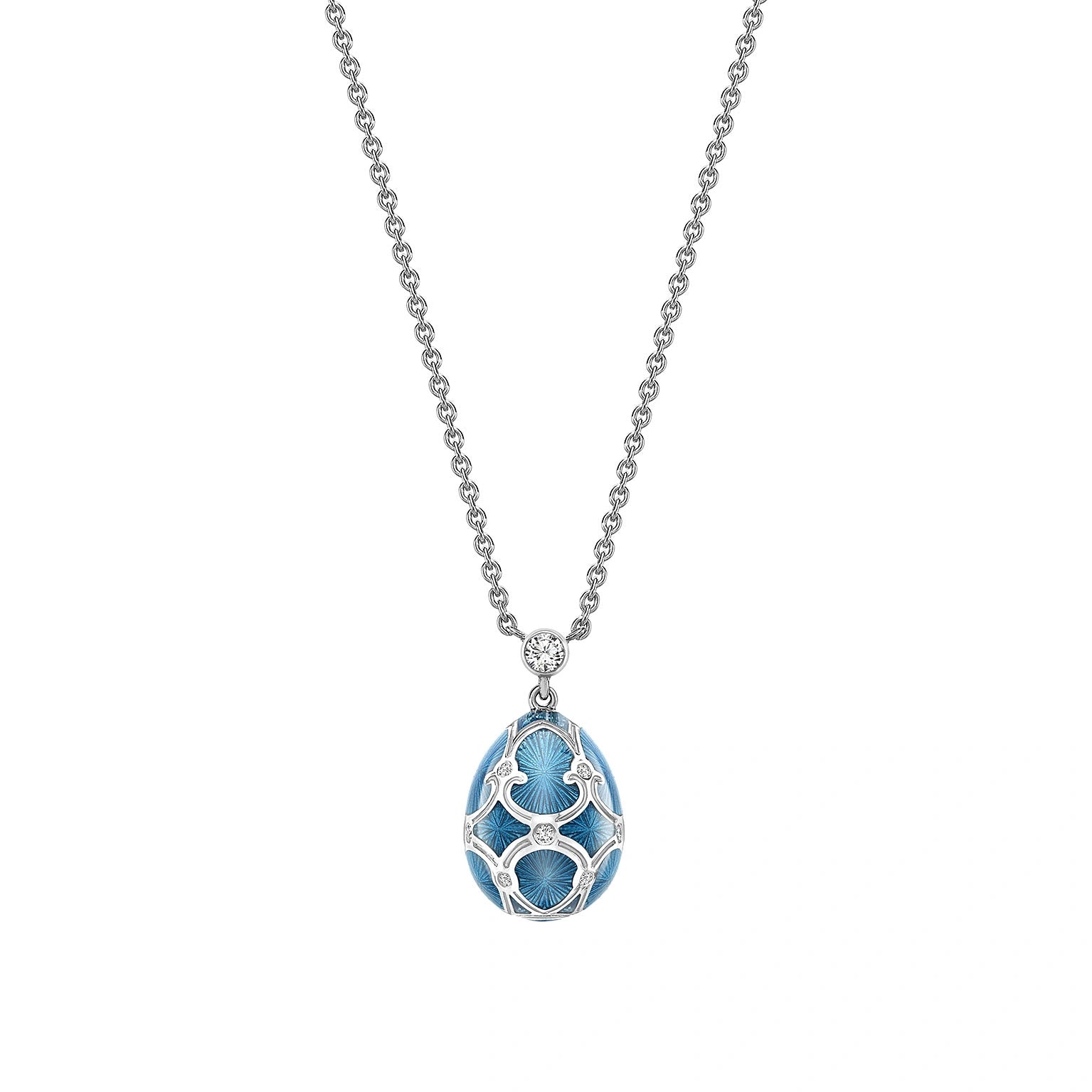 White Gold Diamond & Teal Guilloché Enamel Petite Egg Pendant | Fabergé