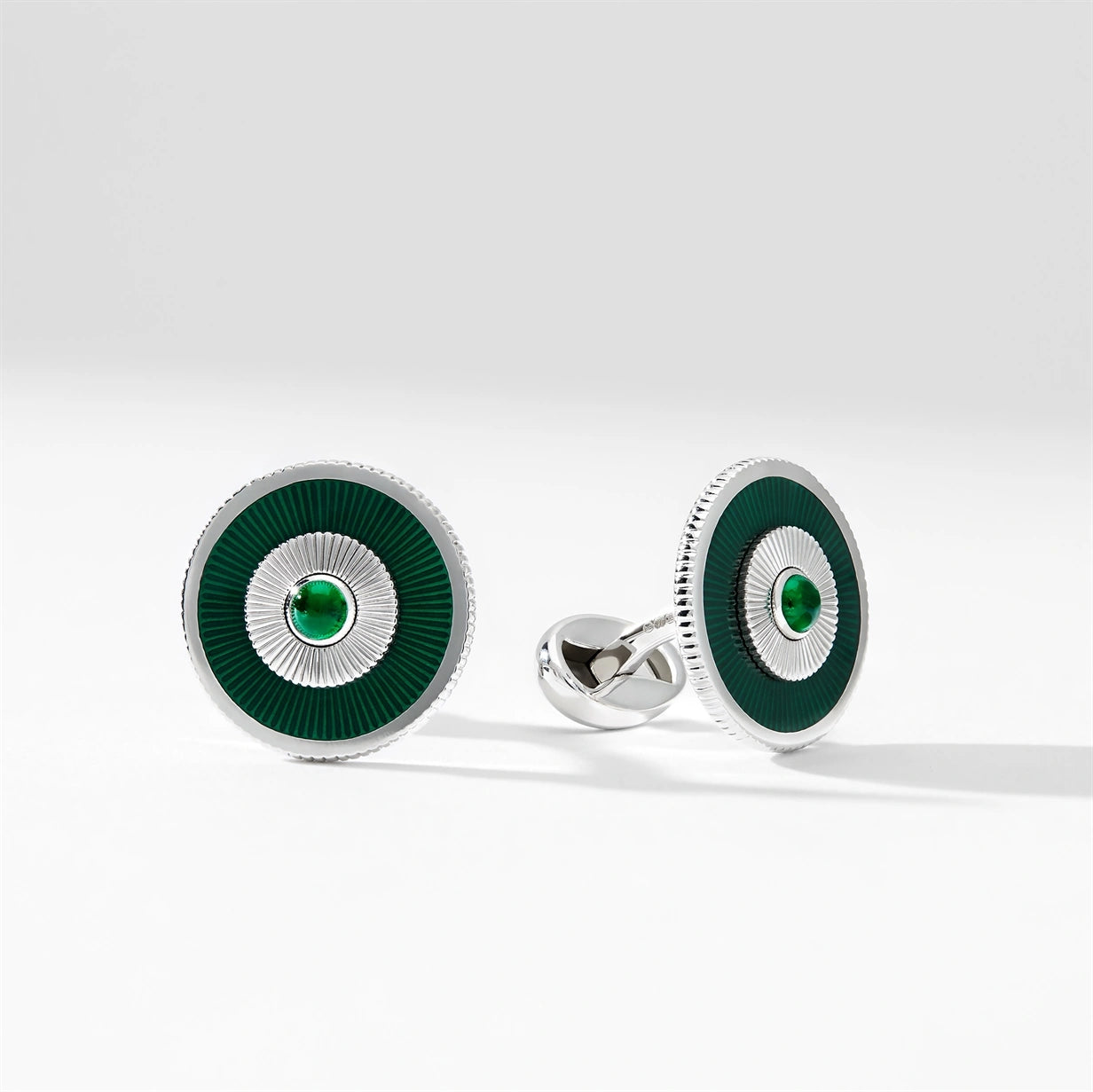 Heritage White Gold Emerald & Green Guilloché Enamel Round Cufflinks | Fabergé