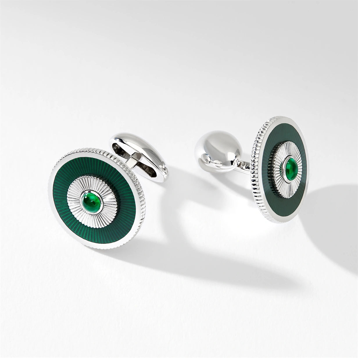 Heritage White Gold Emerald & Green Guilloché Enamel Round Cufflinks | Fabergé
