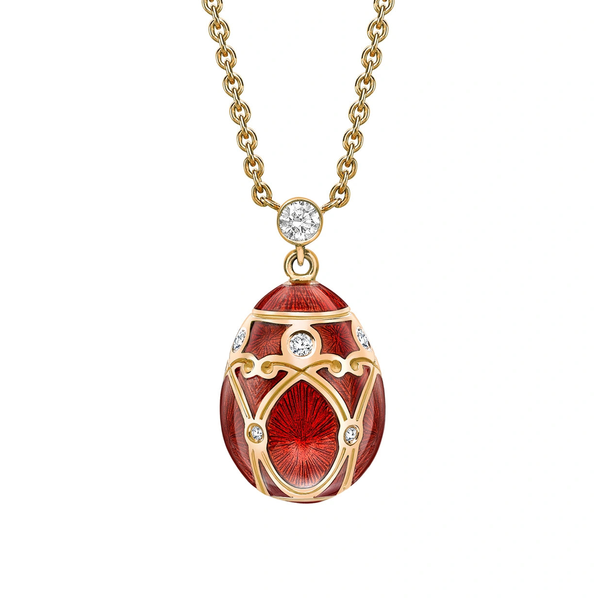 Heritage Yellow Gold Diamond & Red Guilloché Enamel Petite Egg Pendant