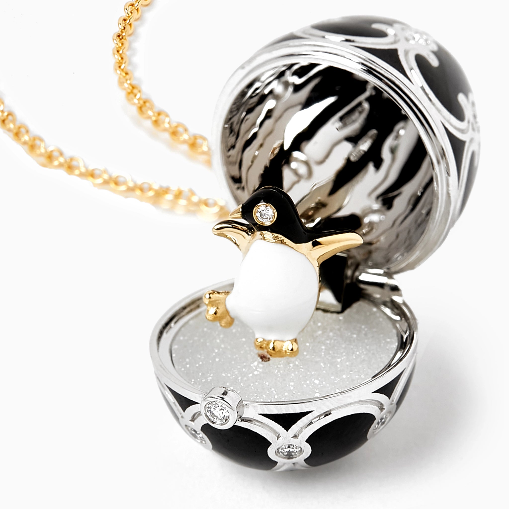 Heritage Yellow and White Gold Diamond and Black Enamel Penguin Surprise Locket