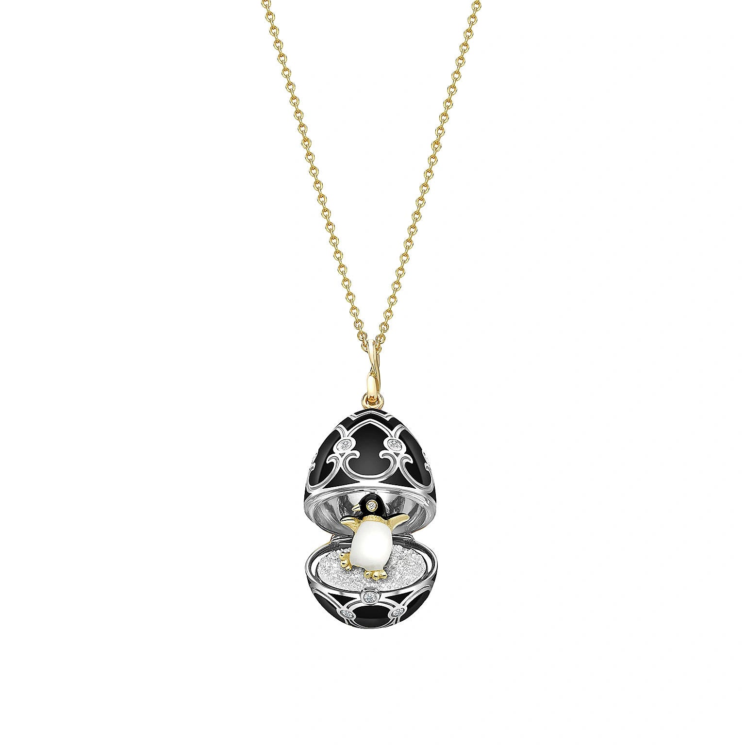 Heritage Yellow and White Gold Diamond and Black Enamel Penguin Surprise Locket