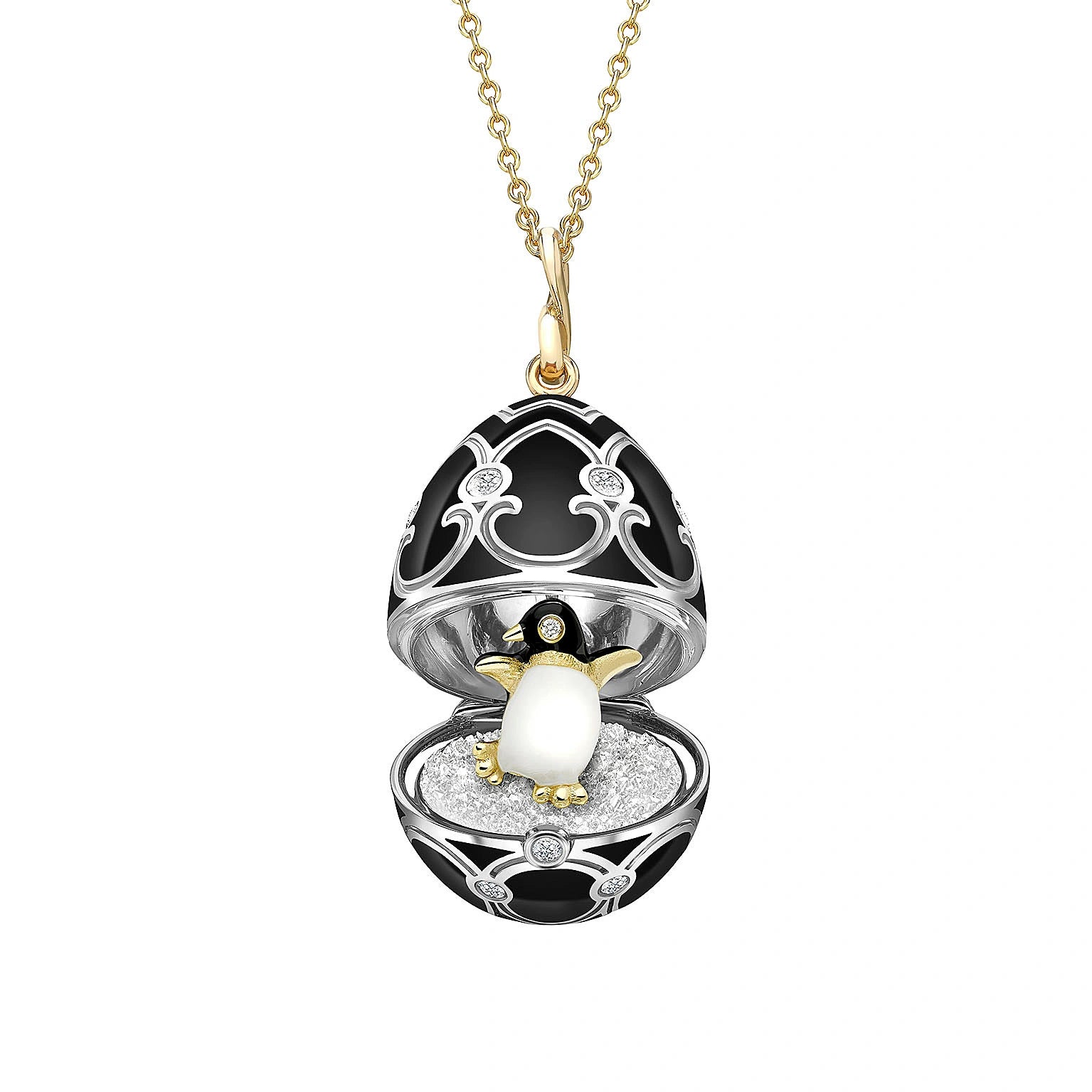 Heritage Yellow and White Gold Diamond and Black Enamel Penguin Surprise Locket