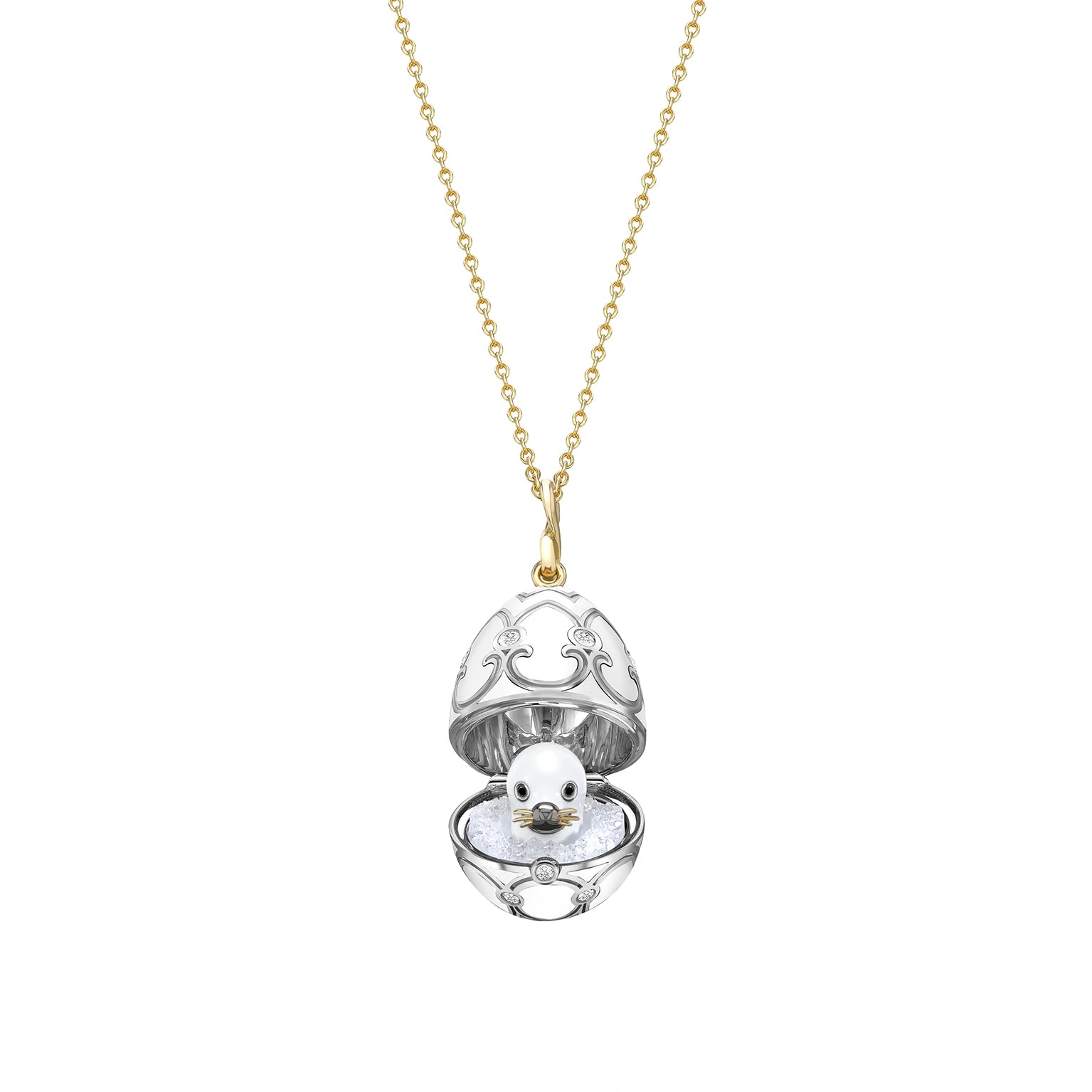 Yellow and White Gold Diamond and Black Enamel Seal Pup Surprise Locket | Fabergé