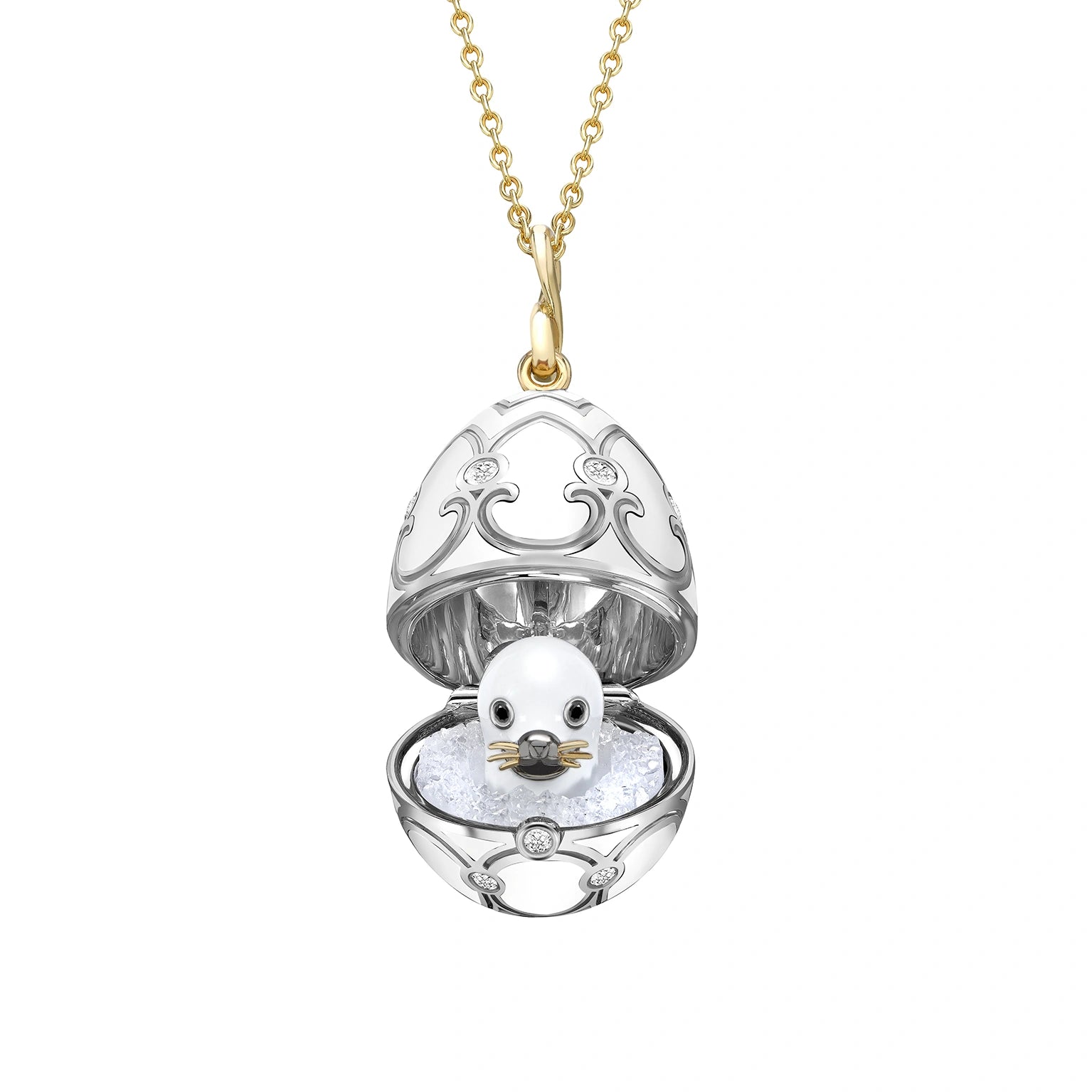 Yellow and White Gold Diamond and Black Enamel Seal Pup Surprise Locket | Fabergé