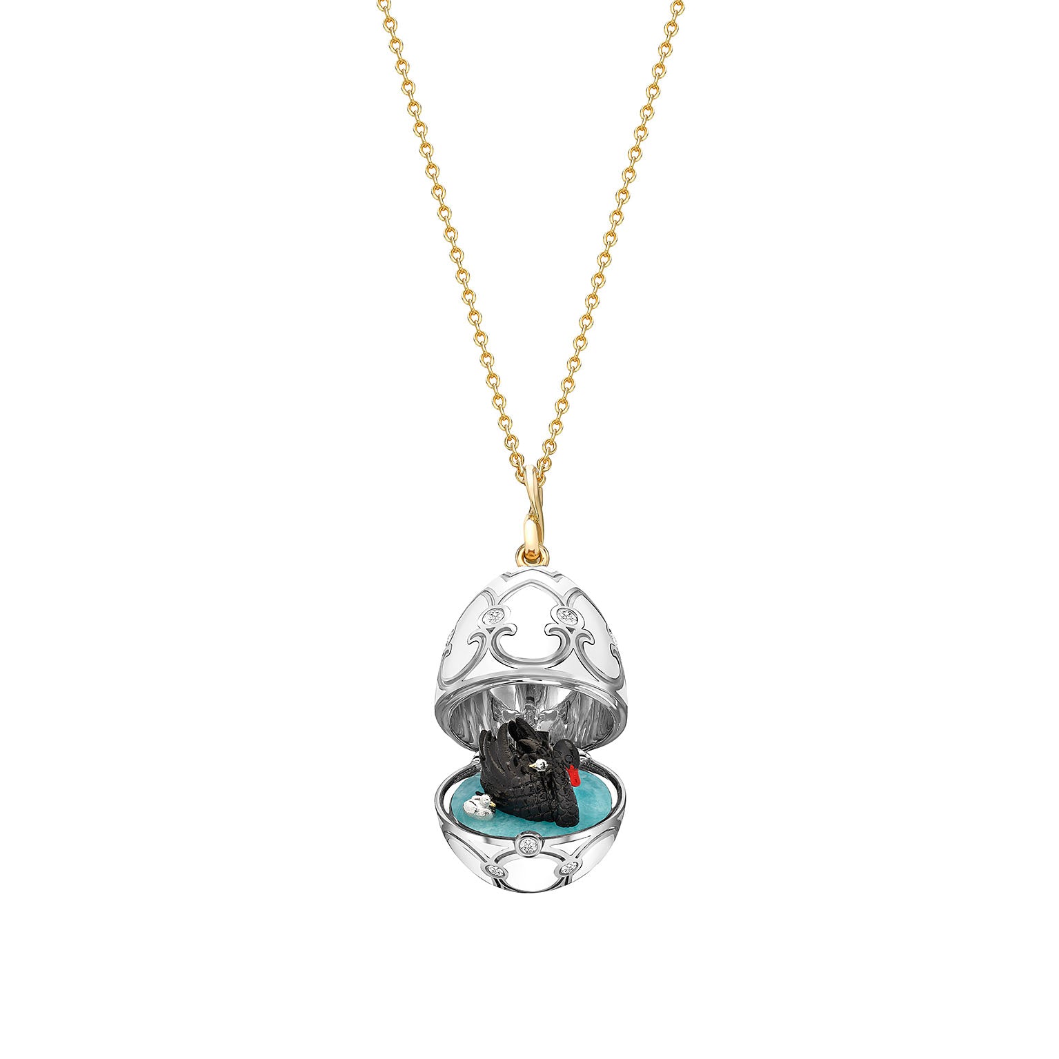 Heritage Yellow and White Gold Diamond & White Guilloché Enamel Black Swan Surprise Locket