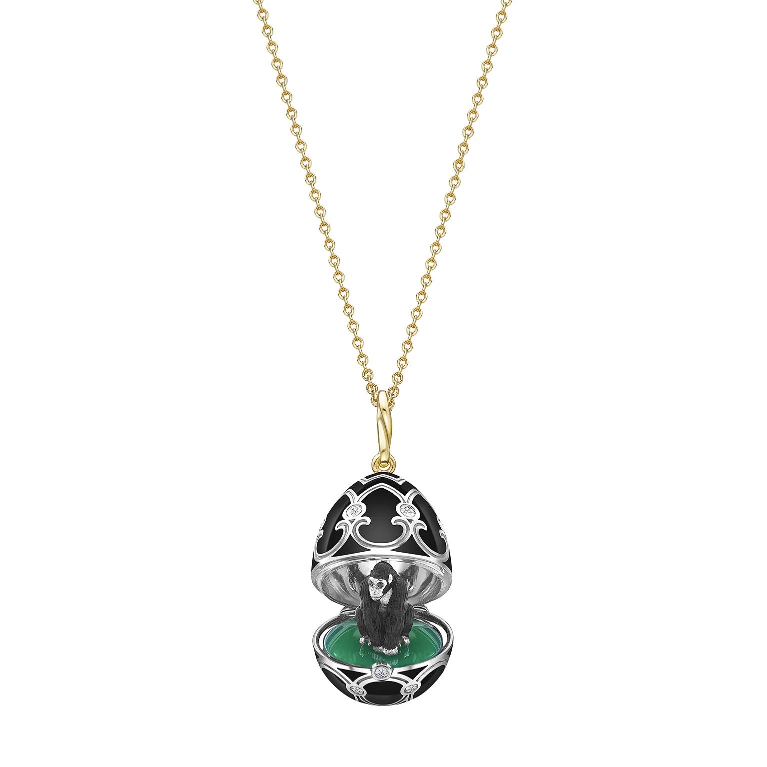 Heritage Yellow Gold Diamond & Black Guilloché Enamel Gorilla Surprise Locket