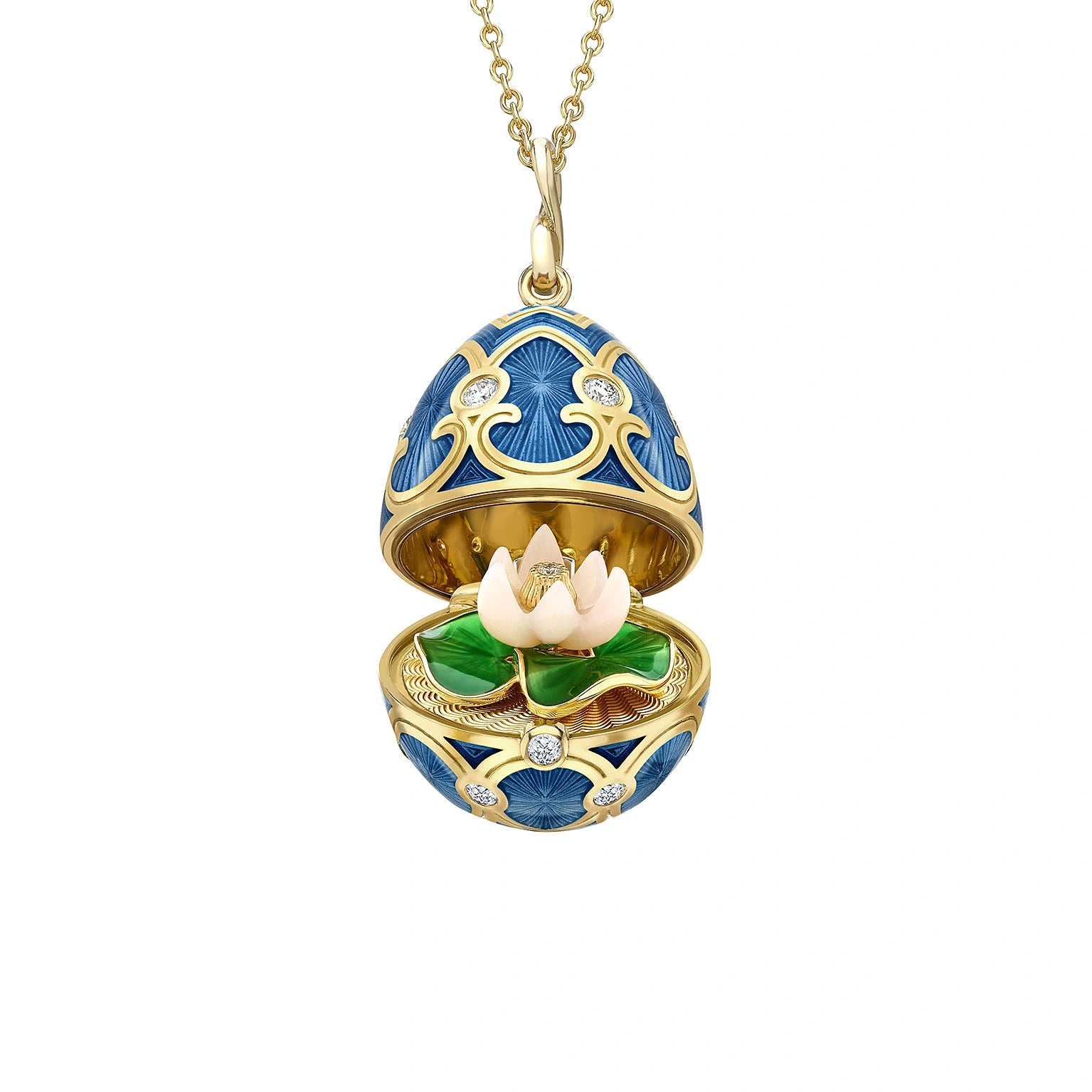 Heritage Yellow Gold Diamond & Blue Guilloché Enamel Waterlily Surprise Locket